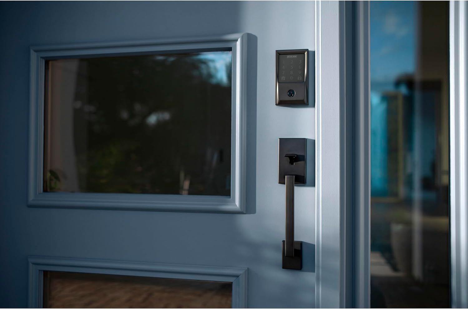Shows the product installed and in use on an actual door in a home environment to help shoppers visualize how it looks in real-world context.
