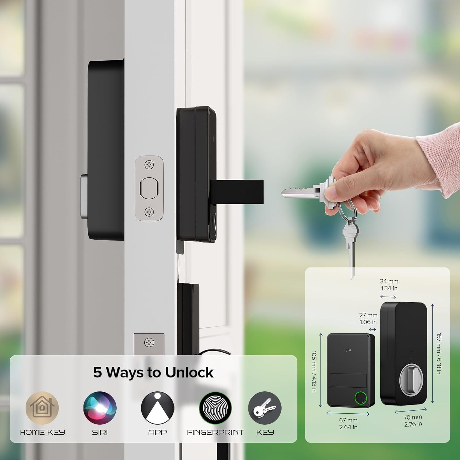 Communicates the product's versatility with 5 different unlock methods (Home Key, Siri, App, Fingerprint, Physical Key) and provides exact dimensional…