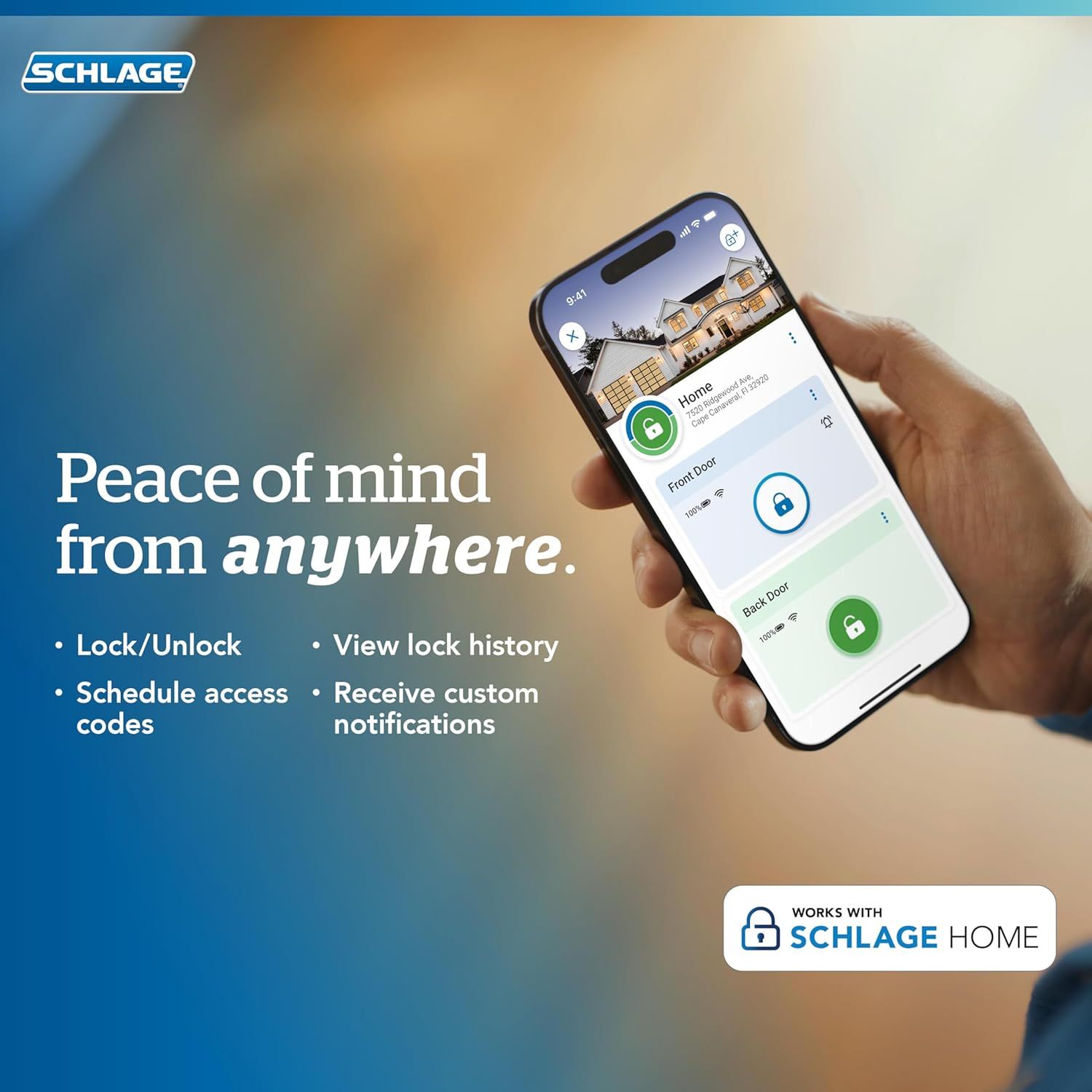 Communicates the multiple smart lock app features that provide convenience and security, reassuring shoppers they can control and monitor their home locks…