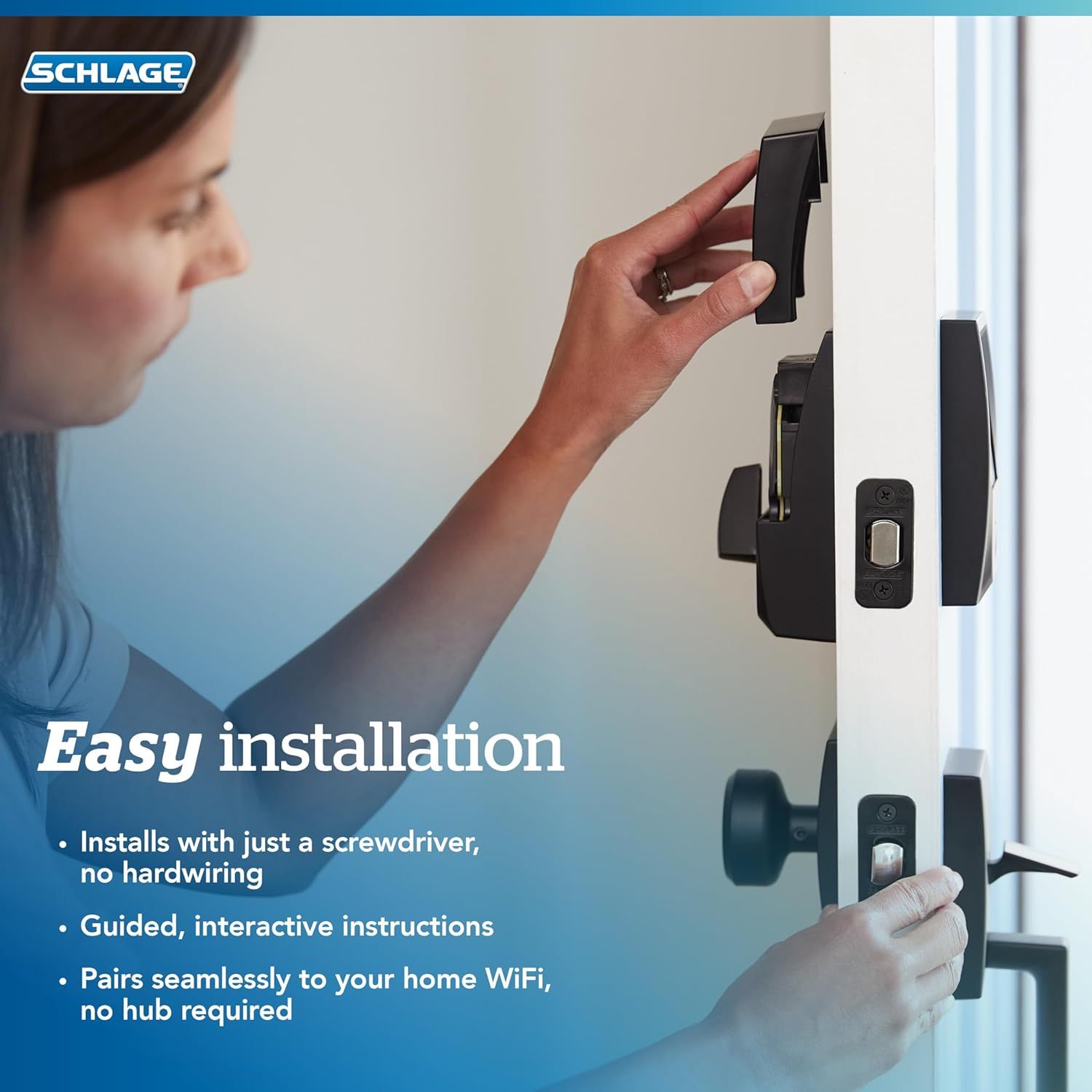 Demonstrates the simple installation process of the smart lock, reassuring shoppers that setup requires only a screwdriver, no hardwiring, and seamless WiFi…