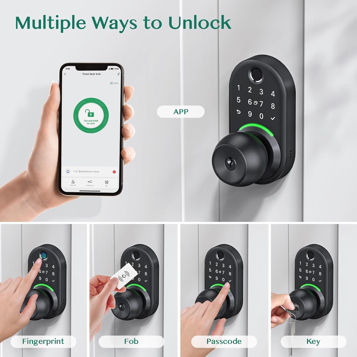 Demonstrates the versatility and convenience of the smart lock by showing five different ways to unlock it, reassuring shoppers they have multiple secure…