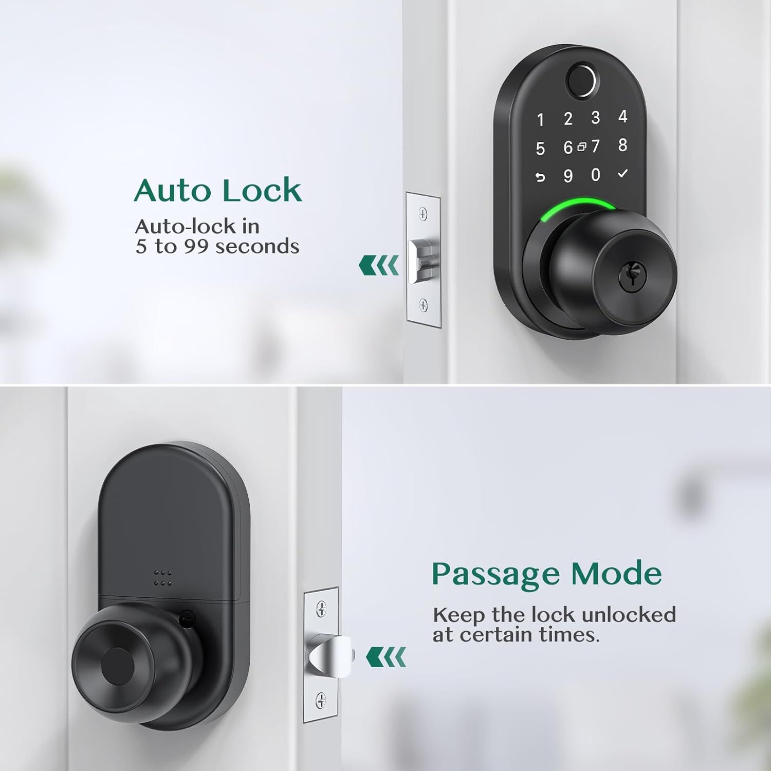 Demonstrates two distinct security features of the smart lock: automatic locking for security and passage mode for convenience, reassuring shoppers of the…