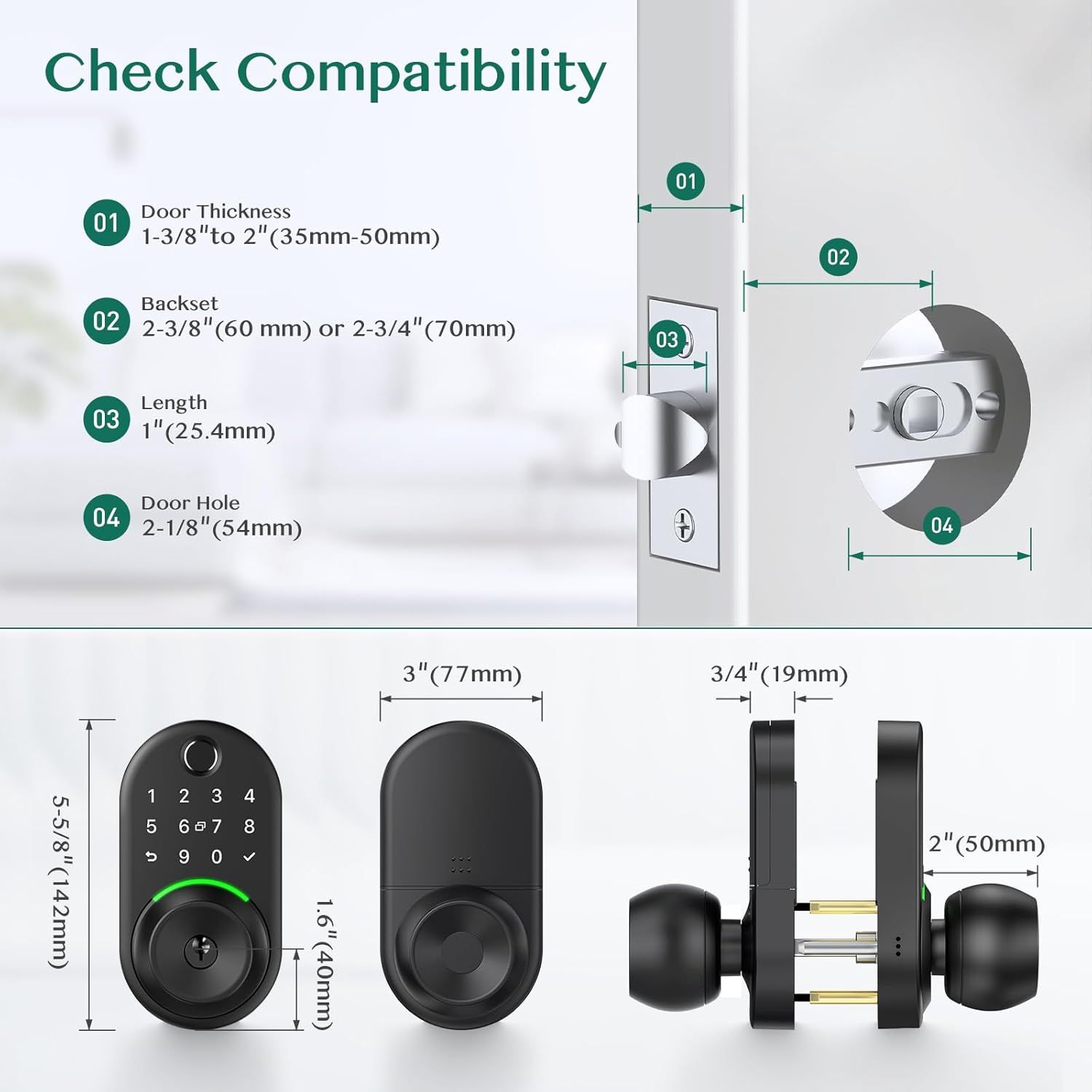 This image shows shoppers which door types and dimensions the smart lock is compatible with, helping them determine if the product will fit their specific…