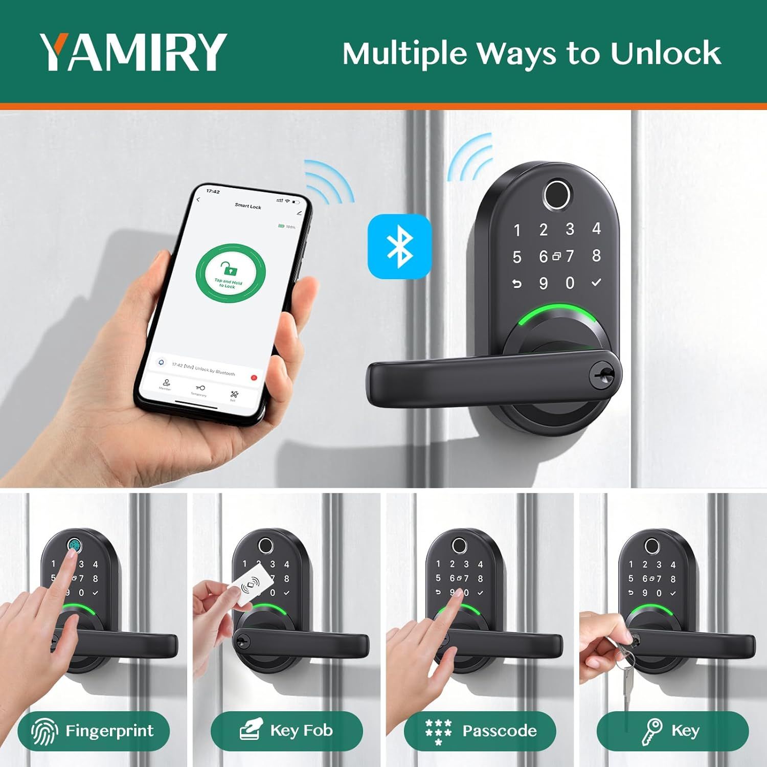 Demonstrates the smart lock's versatility by showcasing four different ways to unlock the door (fingerprint, key fob, passcode, and physical key), plus…
