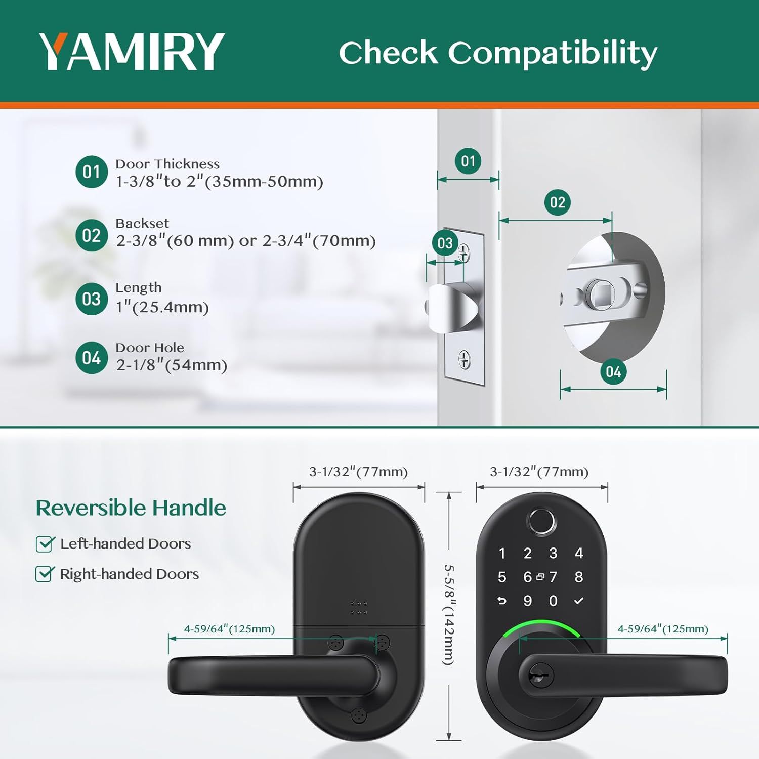 This image communicates the compatibility specifications and installation requirements for the smart door lock, showing shoppers exactly which door types and…