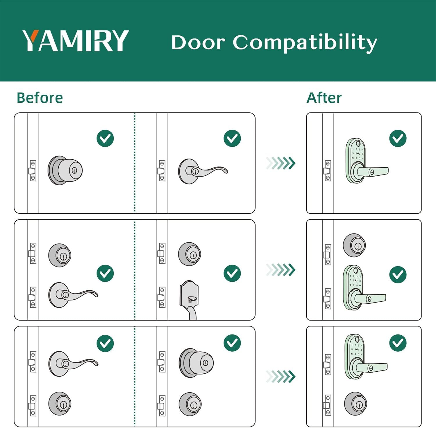 Demonstrates that the YAMIRY smart lock is compatible with multiple existing door lock configurations, showing shoppers which door types and lock setups work…