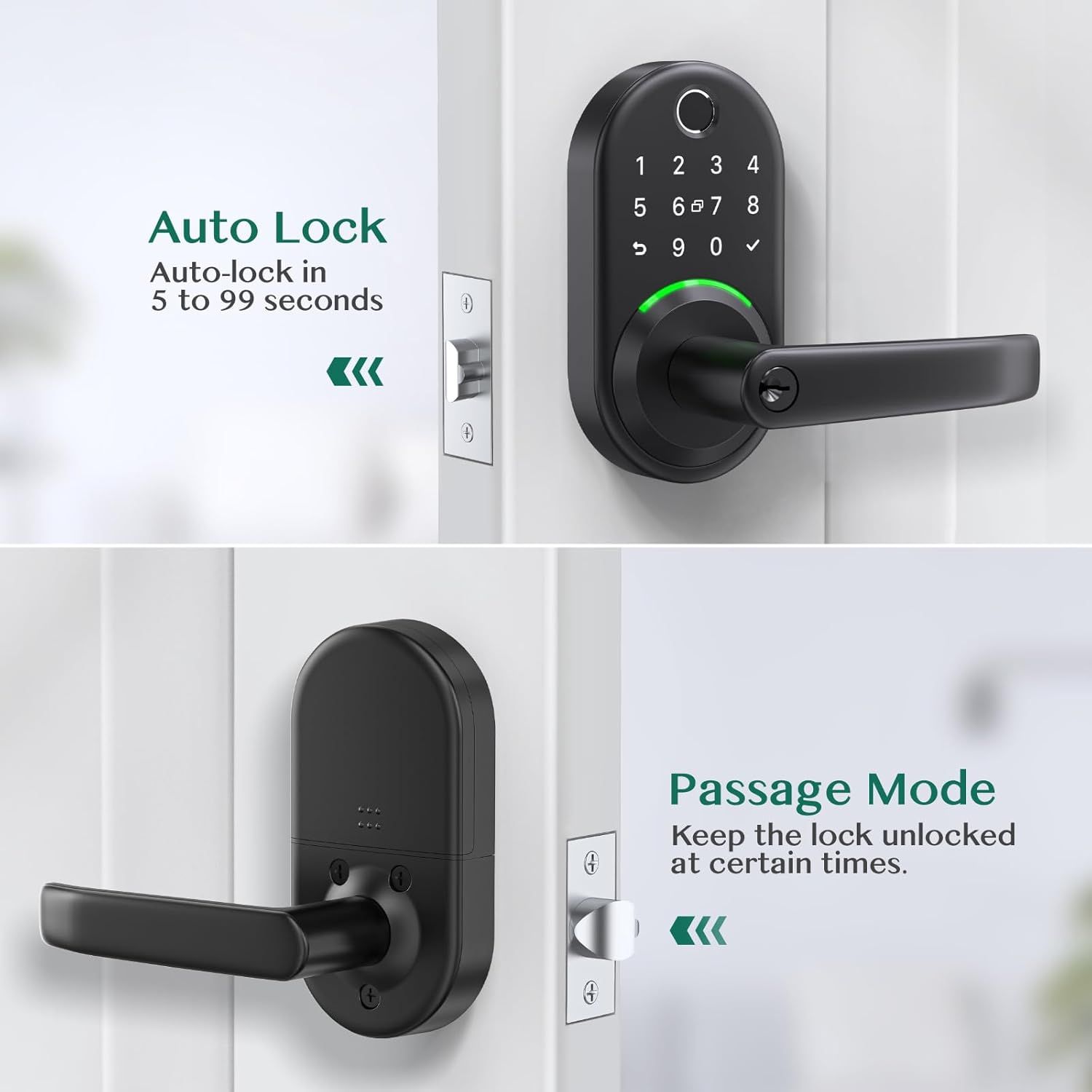 Demonstrates two distinct smart lock features: the auto-lock timer function for security and the passage mode for keeping the lock unlocked at certain times,…
