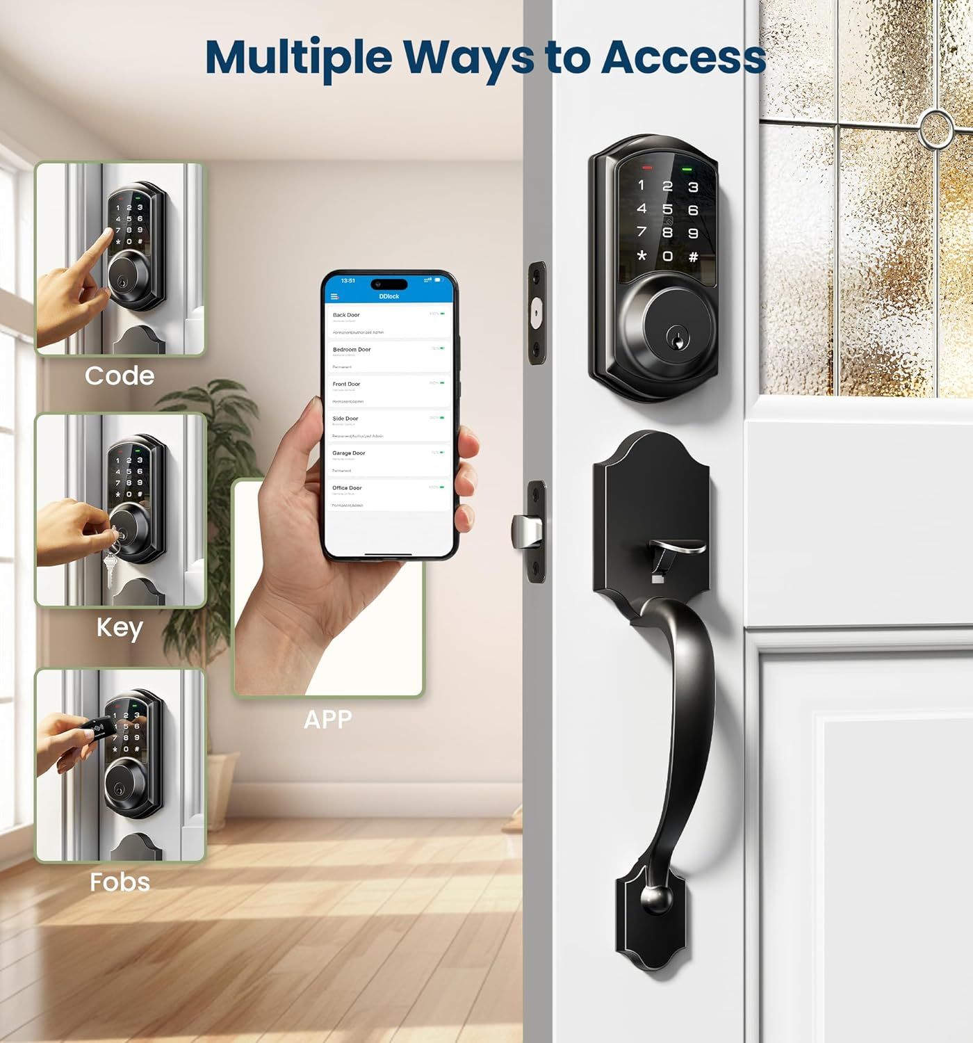 Demonstrates the versatility of the smart lock by showing four different ways to access it, reassuring shoppers they have flexible entry options for different…