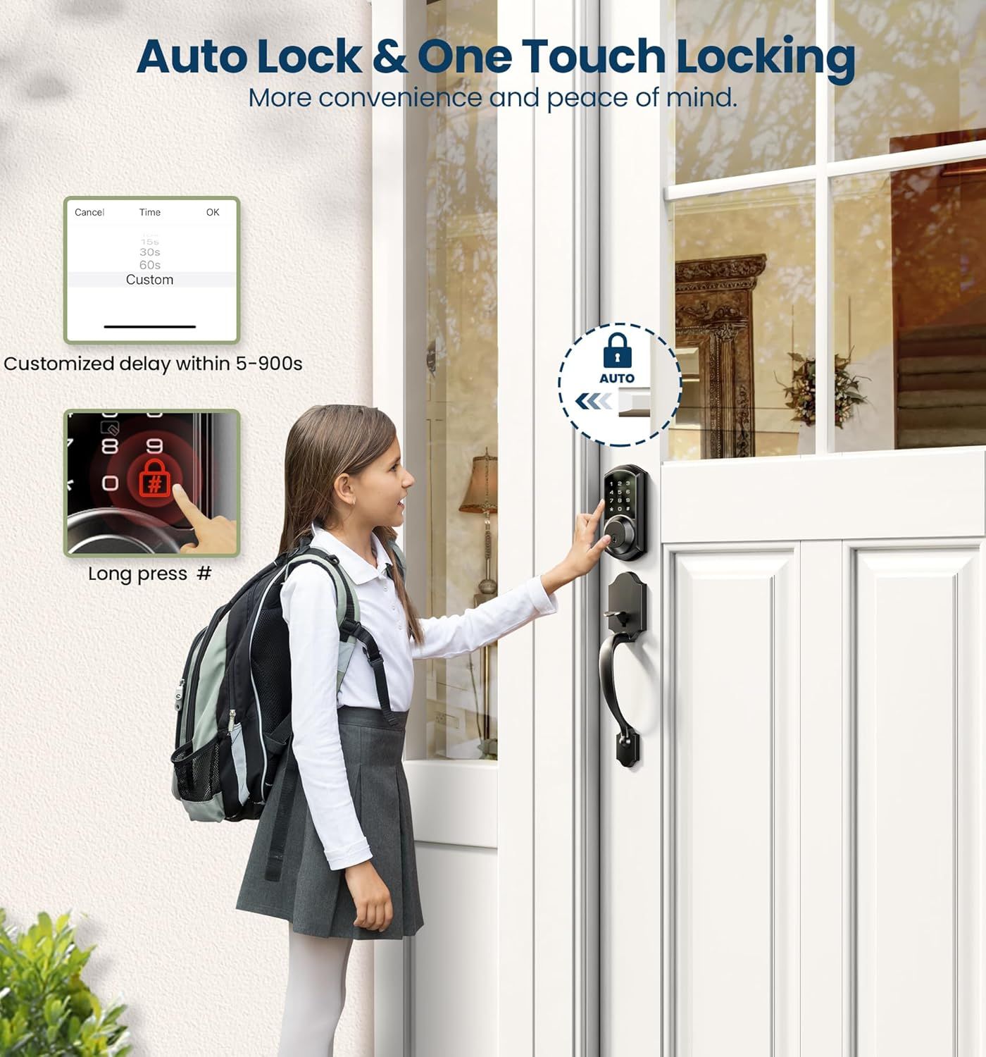 Demonstrates how to use the smart lock's auto-lock and one-touch locking features, showing the setup process and ease of use to reassure shoppers about…