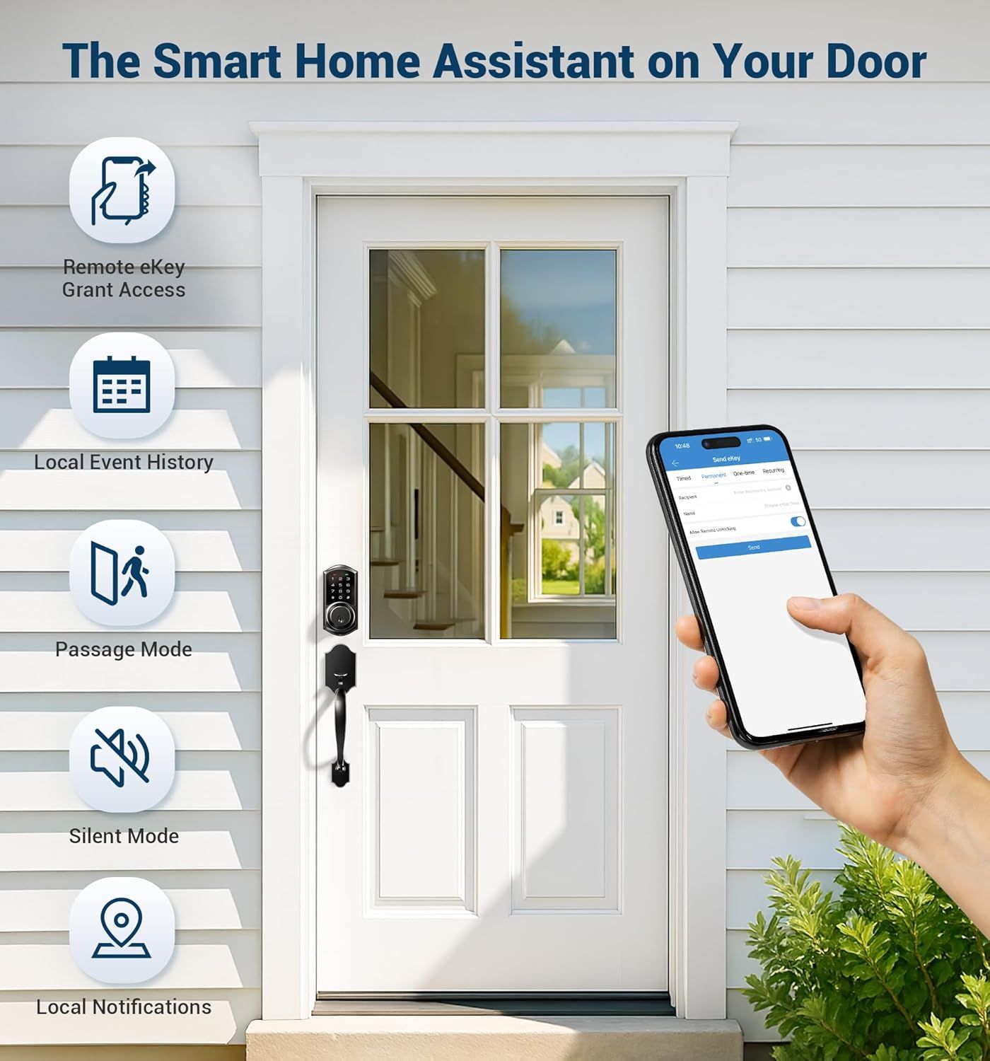 Communicates the smart lock's comprehensive feature set through a segmented layout, showing multiple distinct benefits to reassure shoppers of the product's…