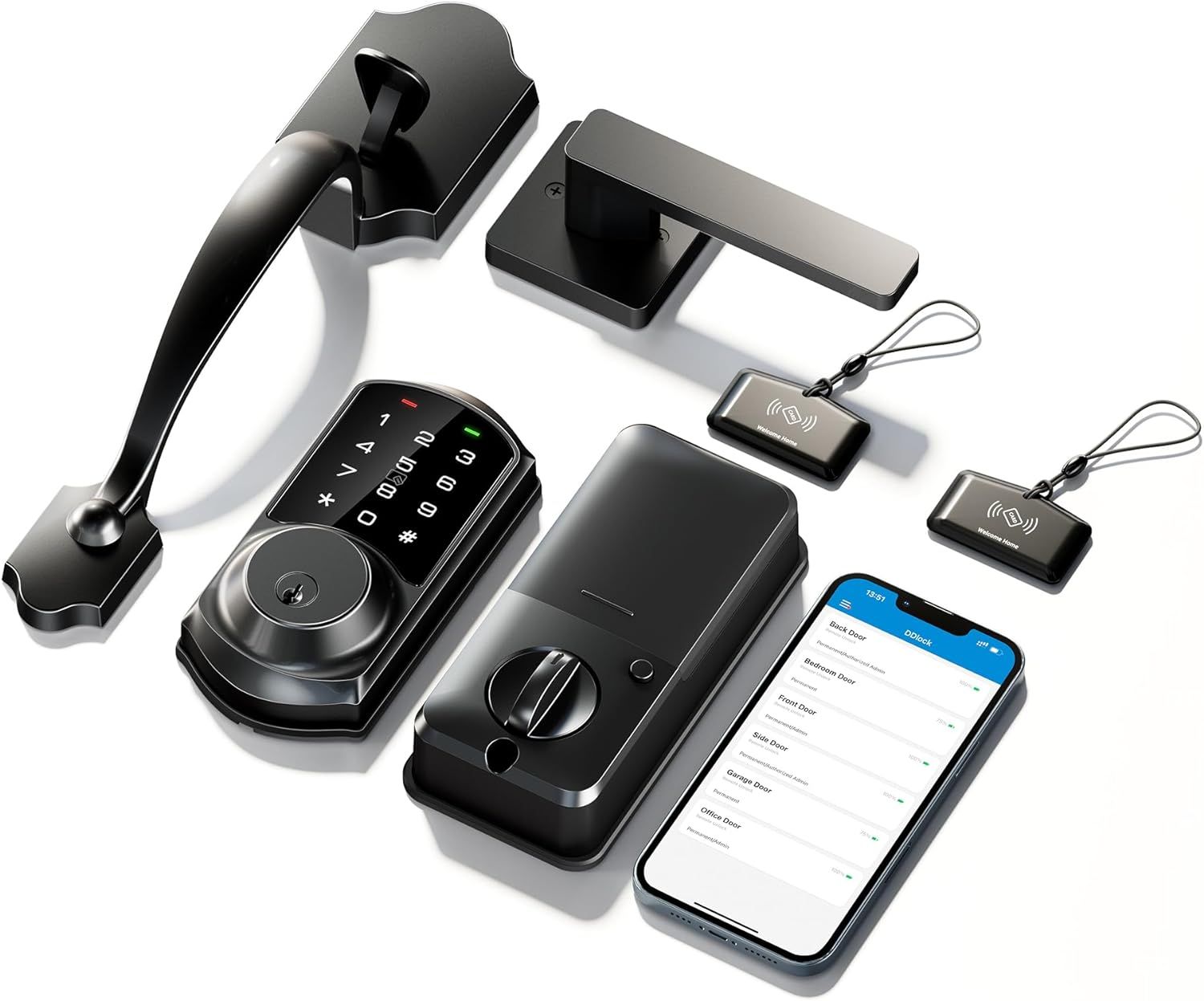 Shows everything included in the package—smart lock, door handles, keypad, RFID tags, and smartphone app—to reassure shoppers they're getting a complete, ready-to-install security system with…