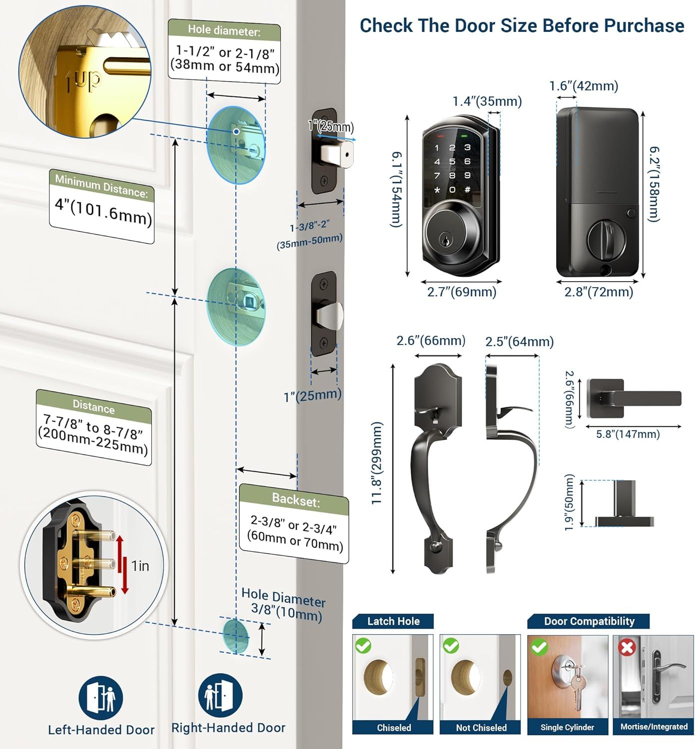 Provides detailed dimensional specifications and installation requirements to help shoppers verify compatibility with their door before purchasing the smart…
