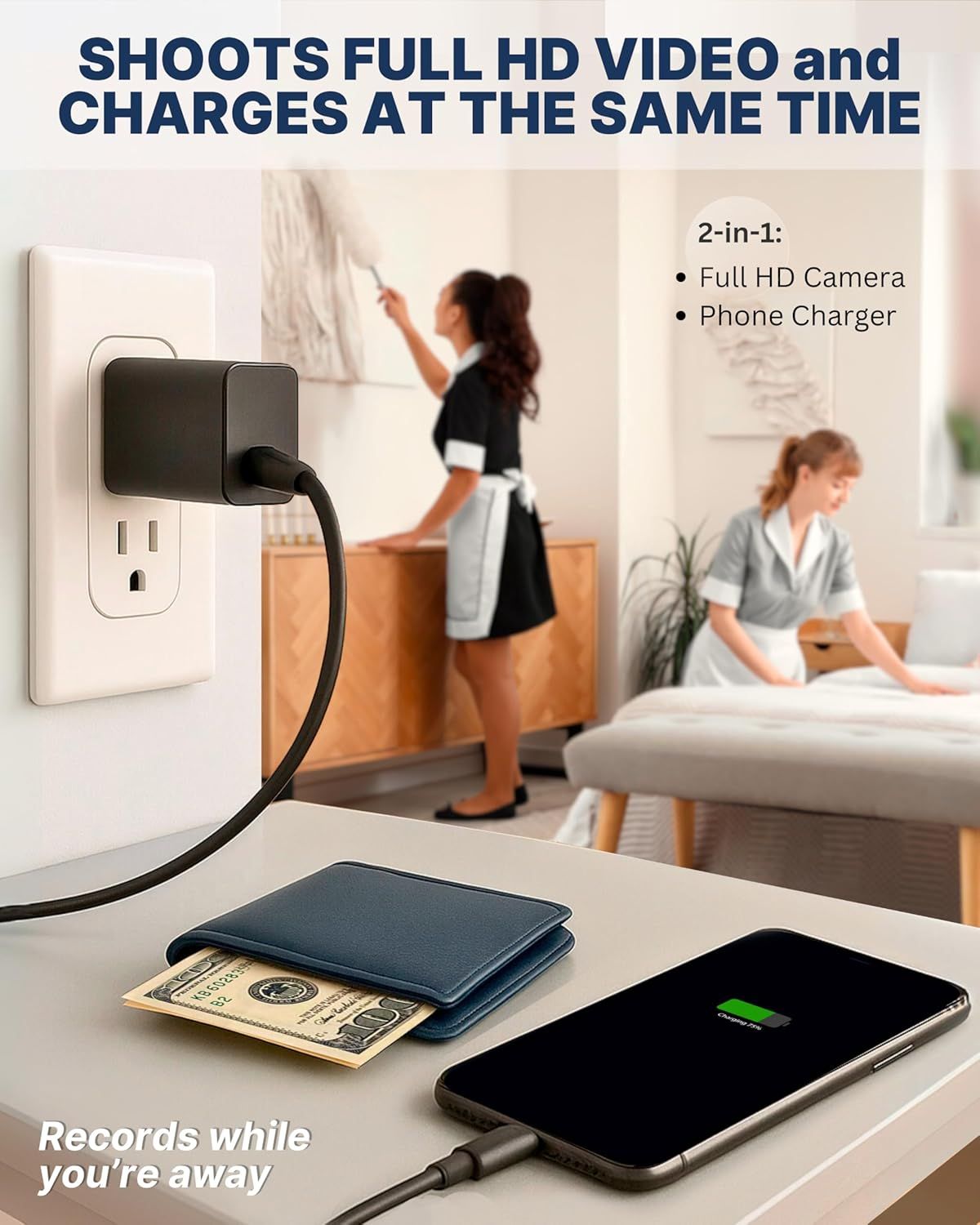 Communicates multiple distinct benefits of the hidden camera charger: it shoots Full HD video, charges phones simultaneously, and records while the user is…