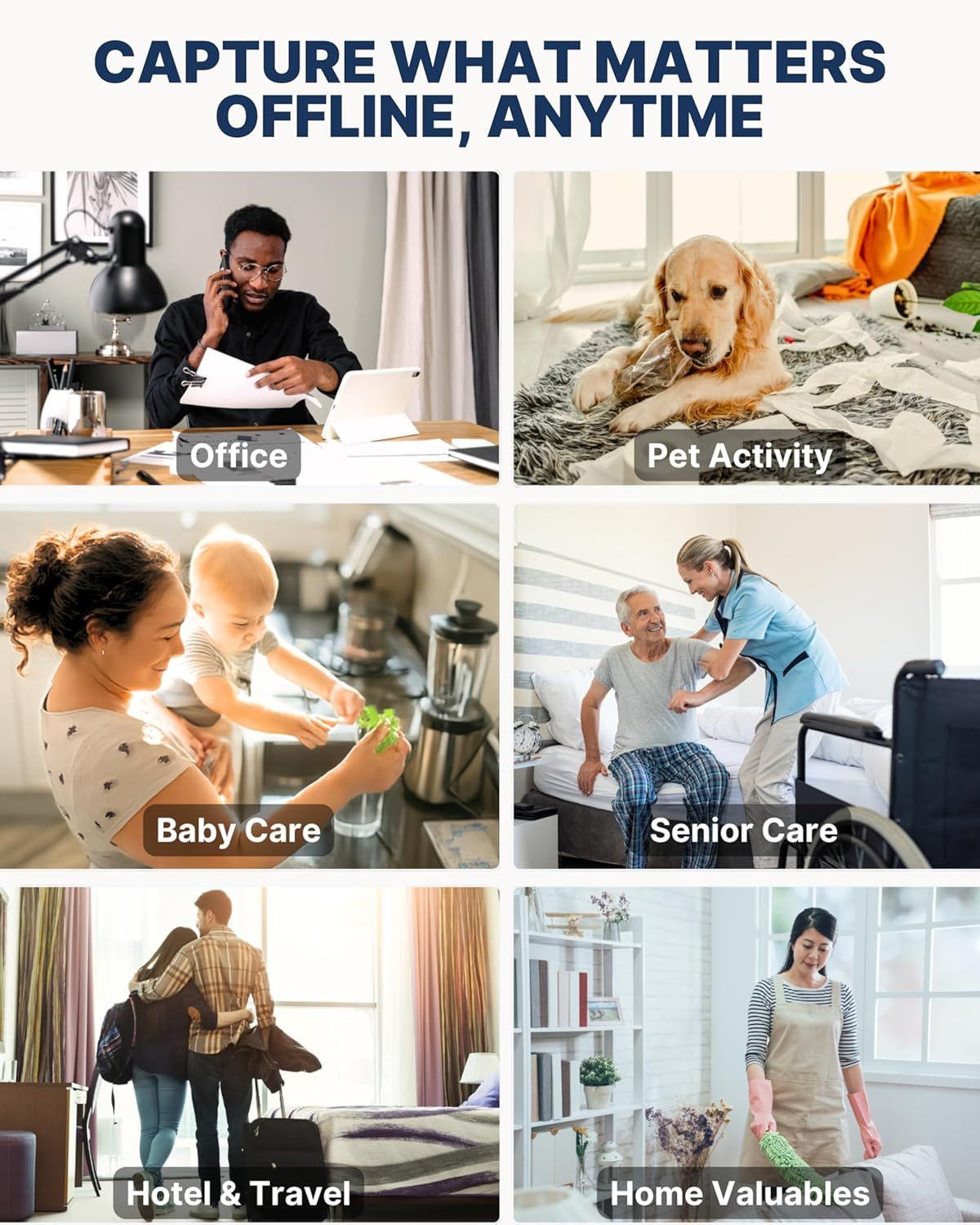 Demonstrates the product's versatility by showing six different real-world scenarios where offline recording capability is valuable, reassuring shoppers that…