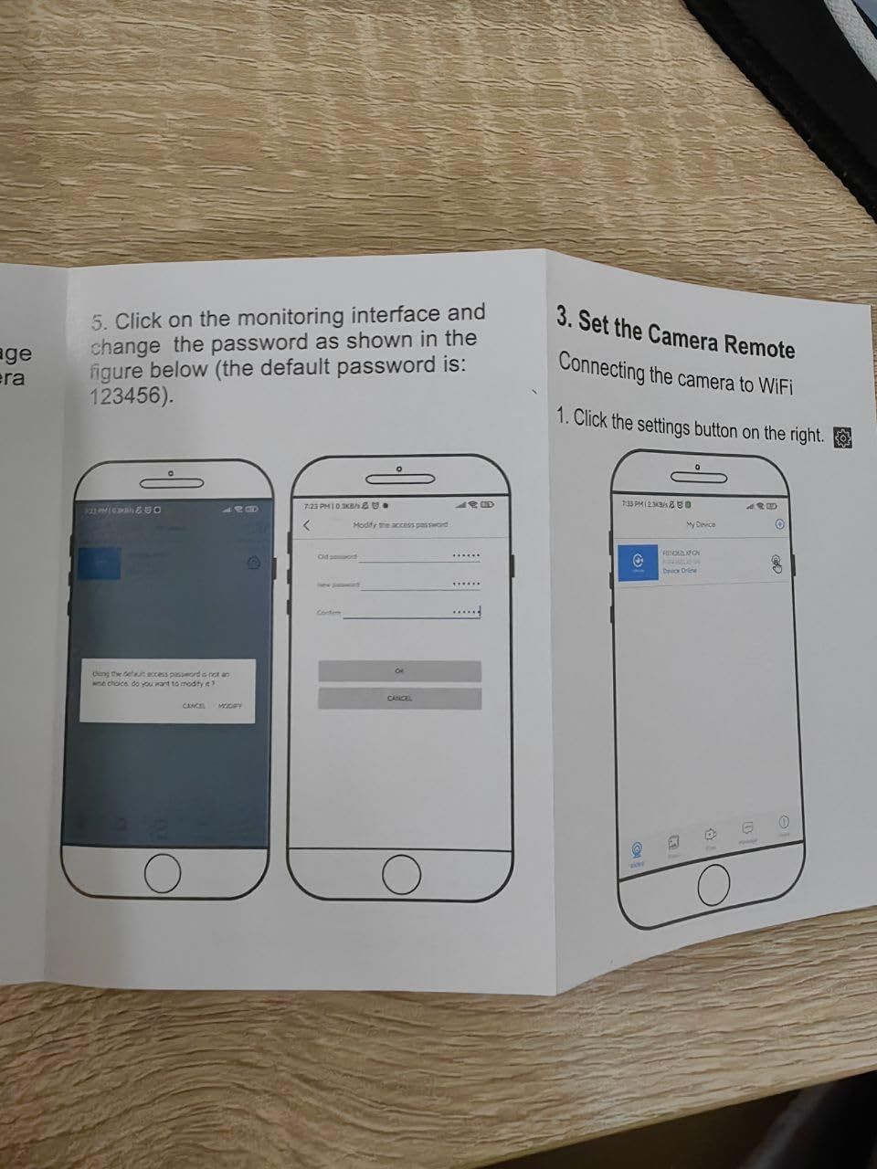 This image provides step-by-step instructions for setting up the camera's remote monitoring interface, including connecting to WiFi and changing the default password, to help users successfully…