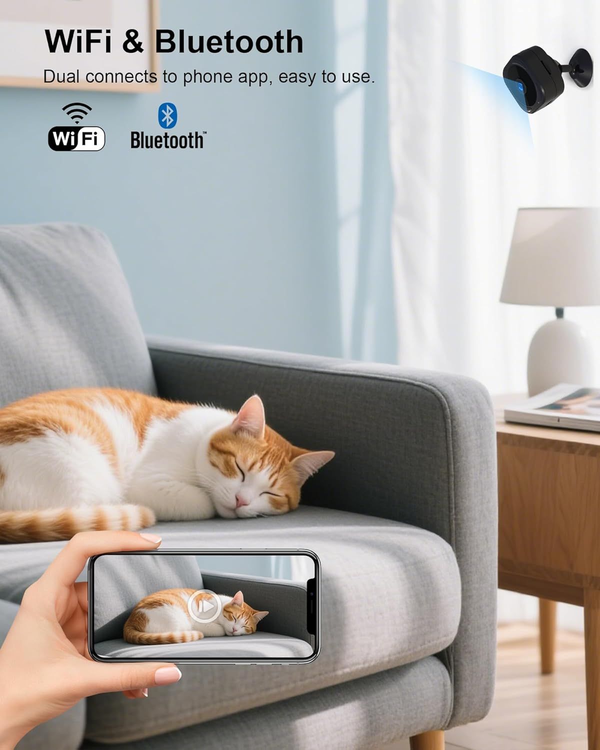 Demonstrates the dual connectivity options (WiFi and Bluetooth) and shows how the security camera connects to a phone app for easy monitoring and use.…