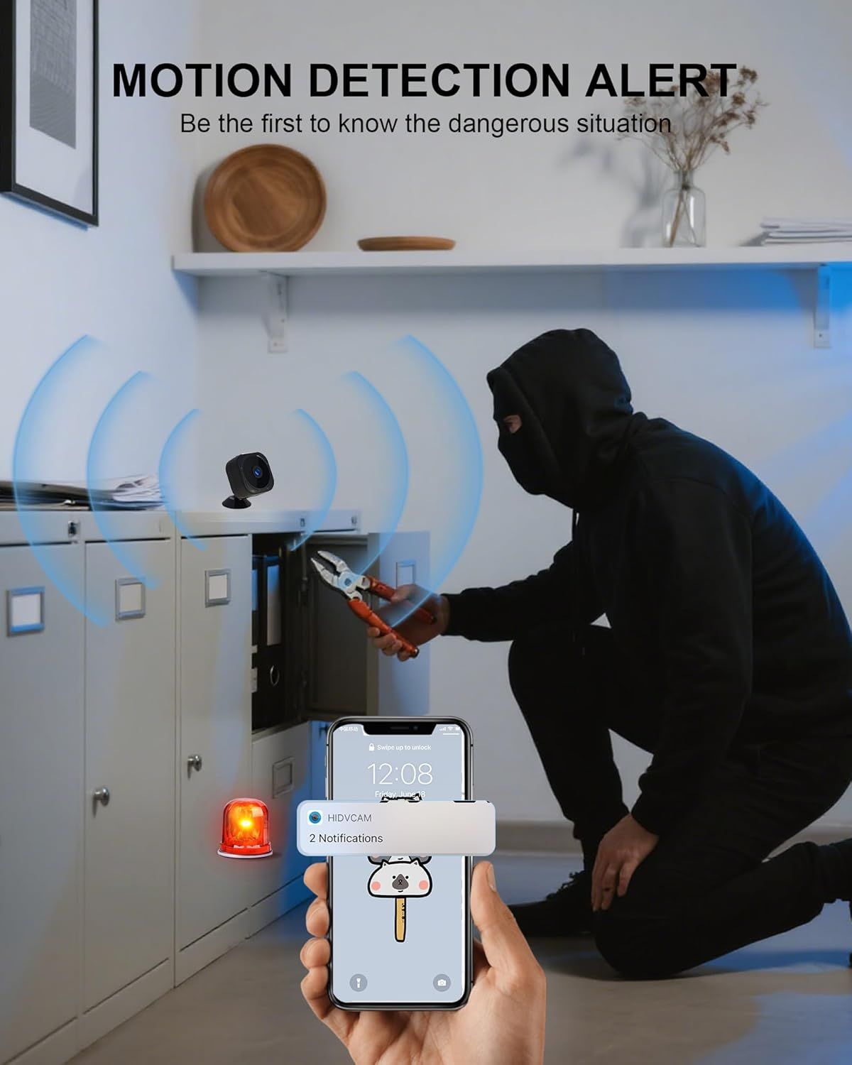 Demonstrates the security camera's motion detection capability and instant mobile notification feature to reassure shoppers they will be alerted immediately…