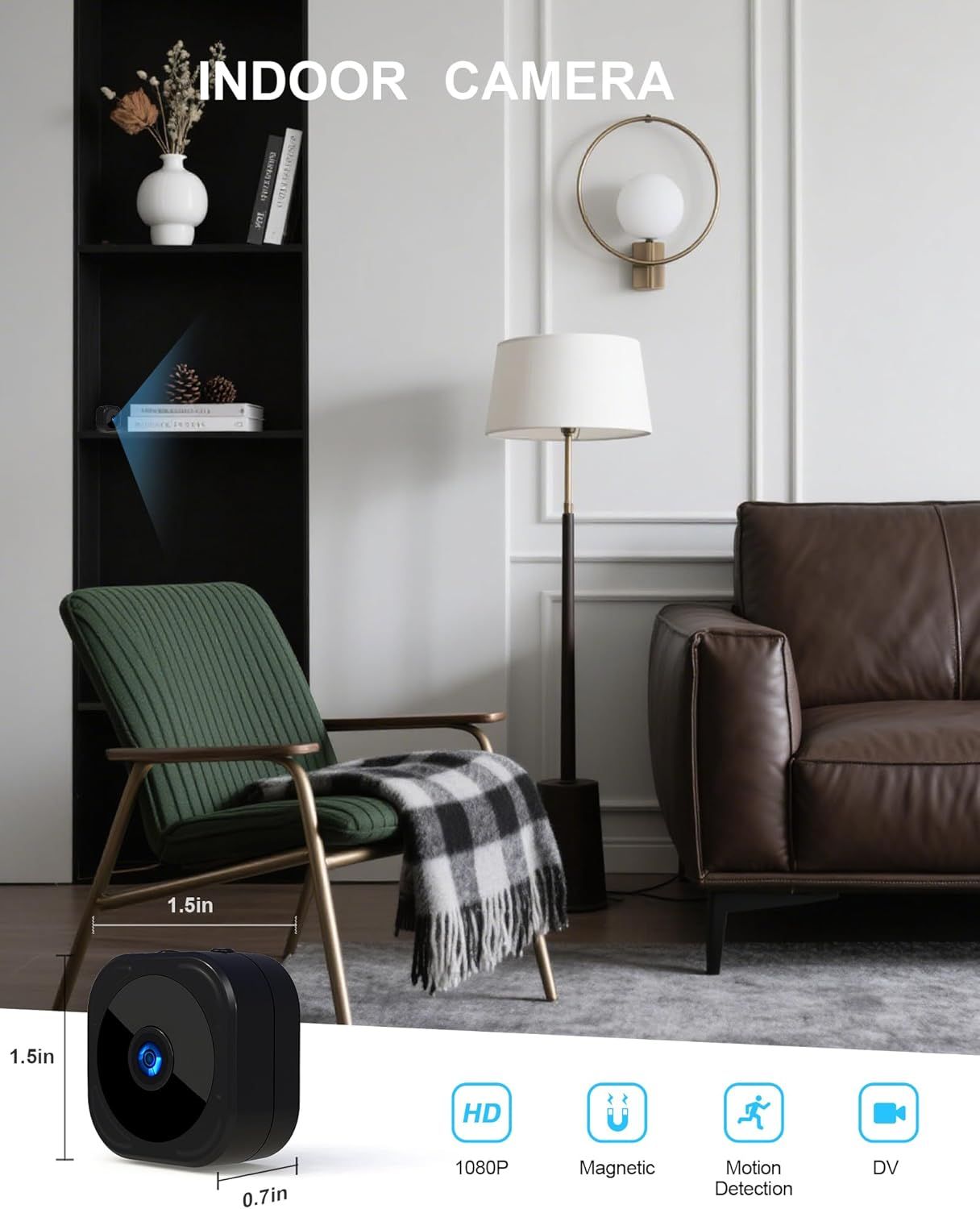 Communicates multiple key features of the indoor camera in a segmented layout with icons, showing shoppers the product's technical capabilities and versatility.