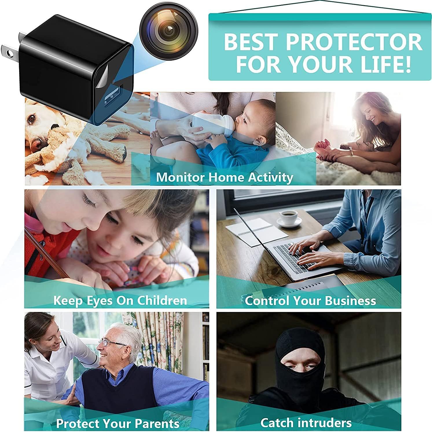 Demonstrates the multiple use cases for this hidden camera charger, showing it can monitor home activity, watch children, manage business security, protect elderly parents, and catch intruders to…