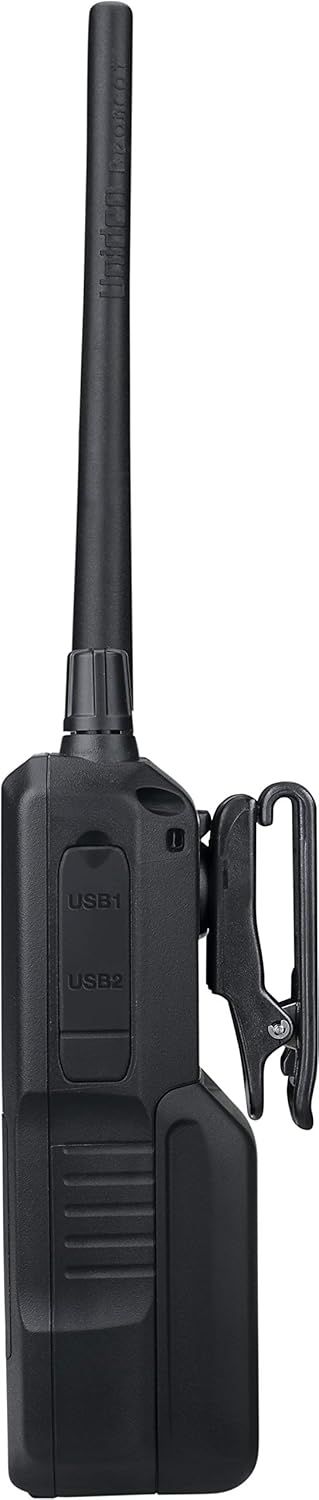Provides a clean, catalog-style view of the walkie-talkie product showing its physical form, antenna, buttons, and clip attachment without any distractions.
