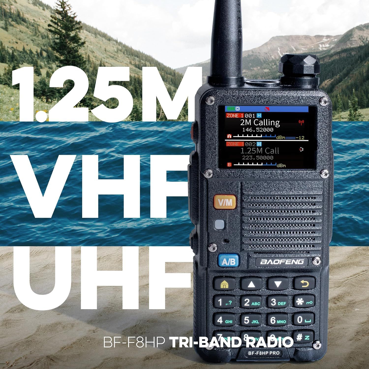 Highlights the radio's dual-band frequency capability (1.25M VHF/UHF) to communicate its versatile communication range and technical performance to shoppers interested in radio equipment.