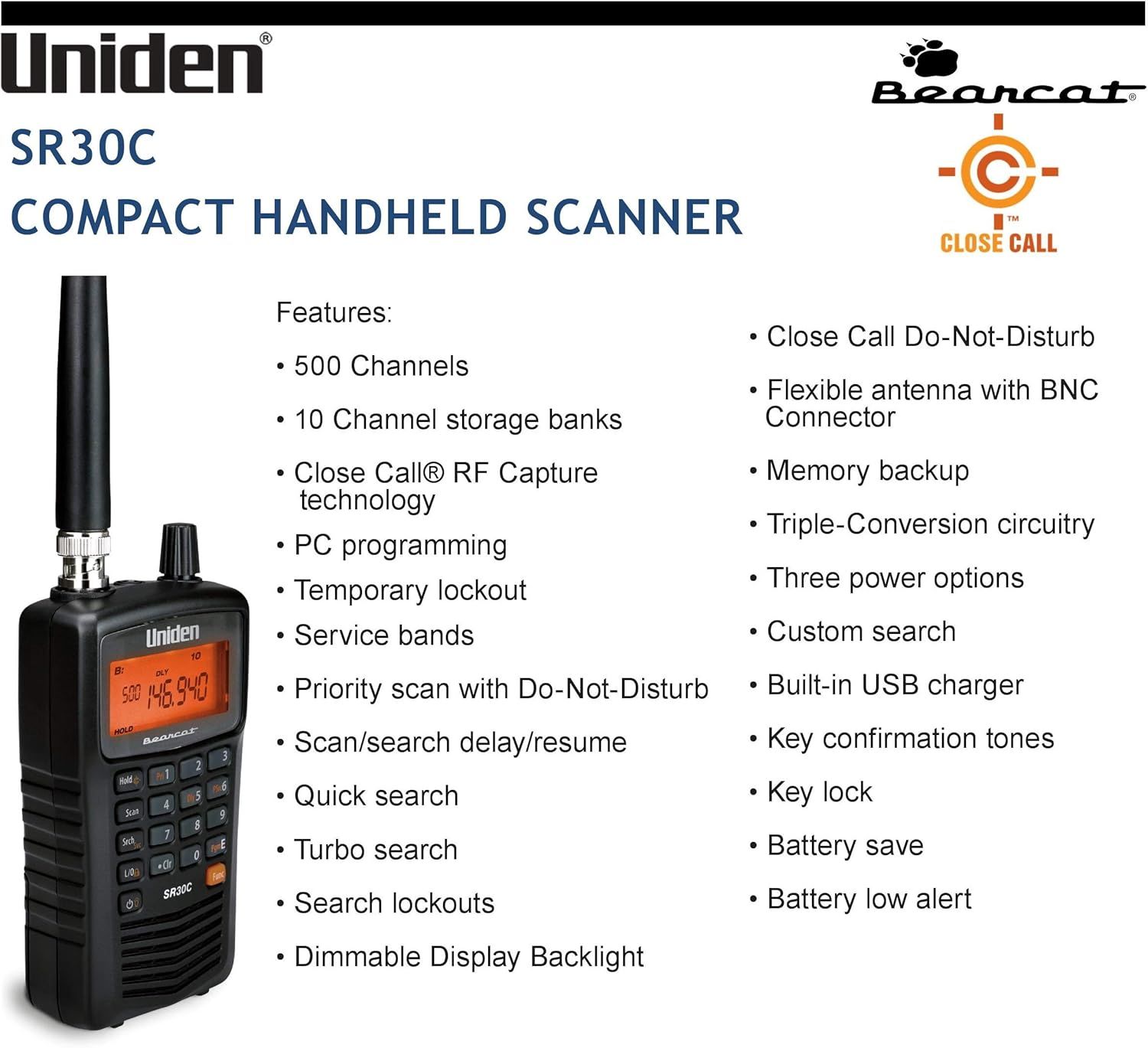This image showcases the comprehensive feature set of the Uniden SR30C handheld scanner to demonstrate its technical capabilities and versatility for radio enthusiasts and professionals.