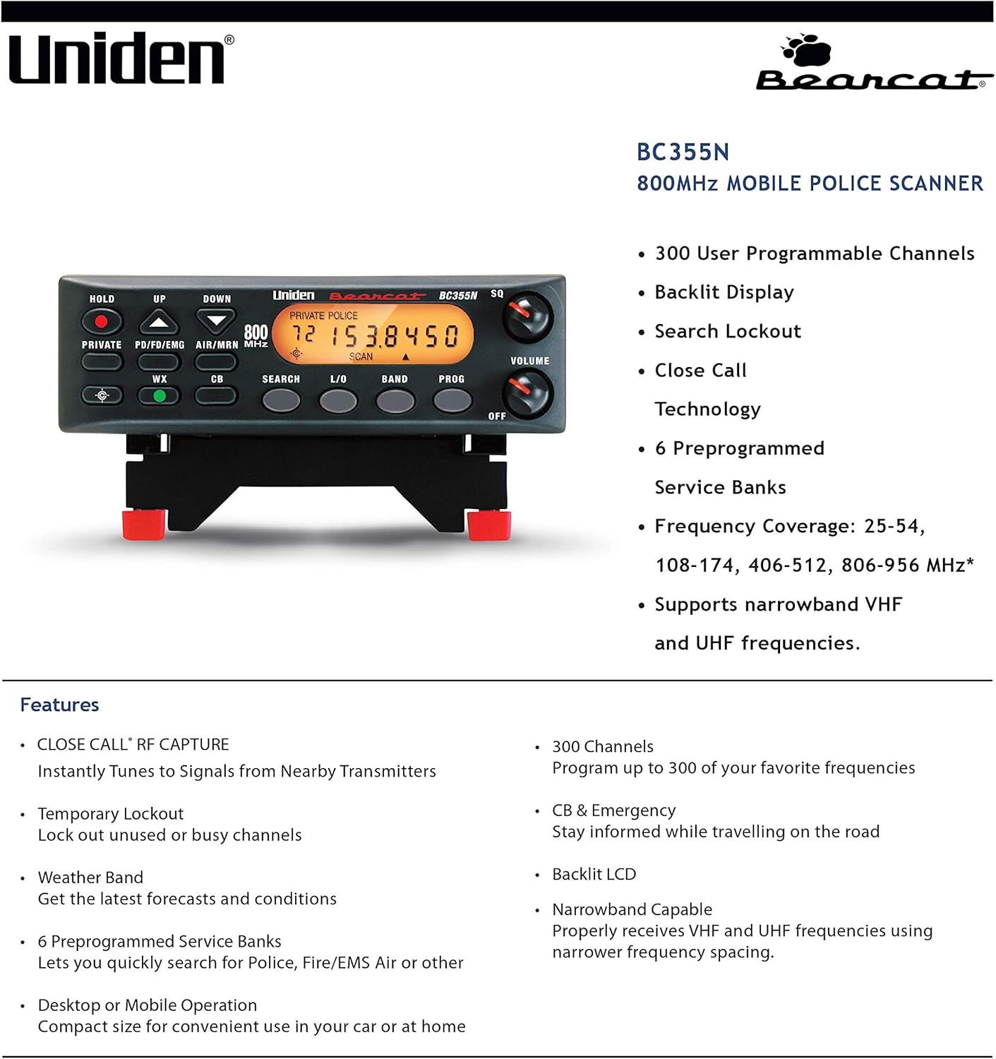 This image showcases multiple distinct features and technical specifications of the police scanner to inform shoppers of its comprehensive capabilities and versatility.