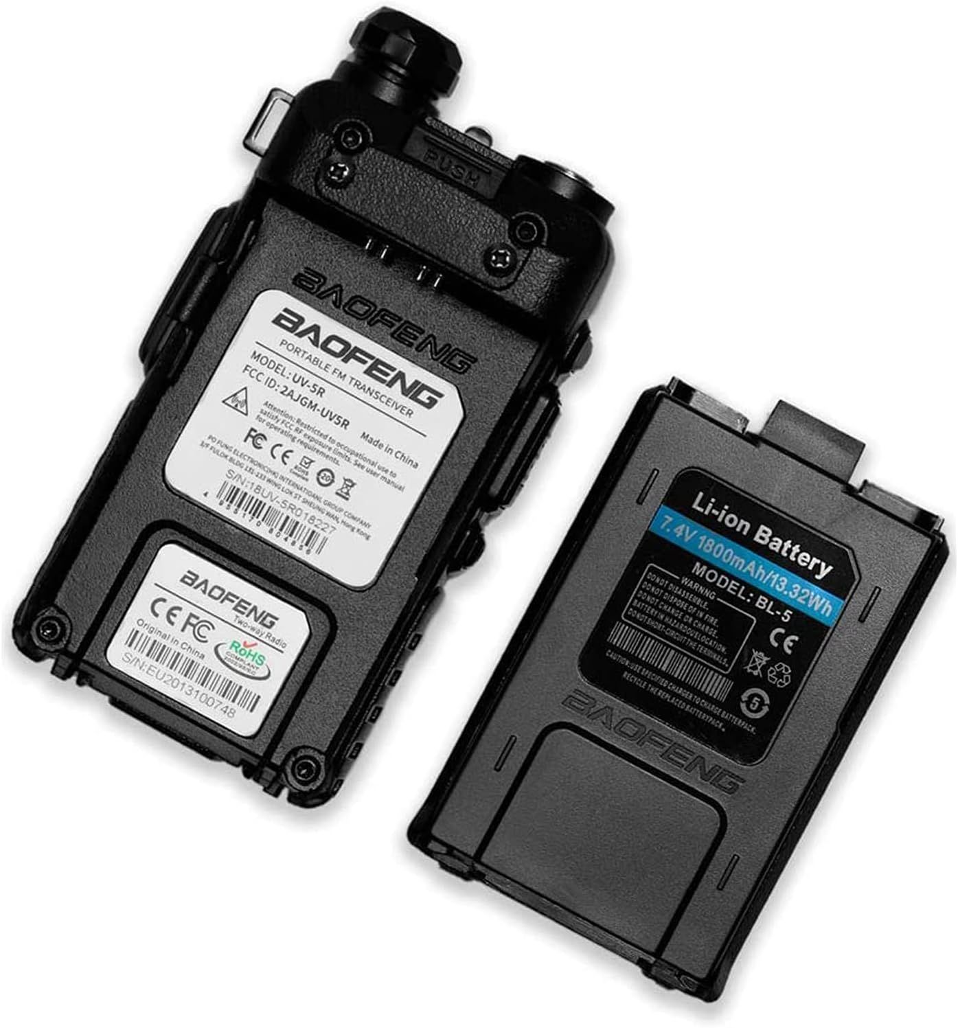 Shows the customer what comes with the portable transceiver, specifically highlighting the included rechargeable Li-ion battery (7.4V 1900mAh) to reassure buyers about power capacity and what's in…
