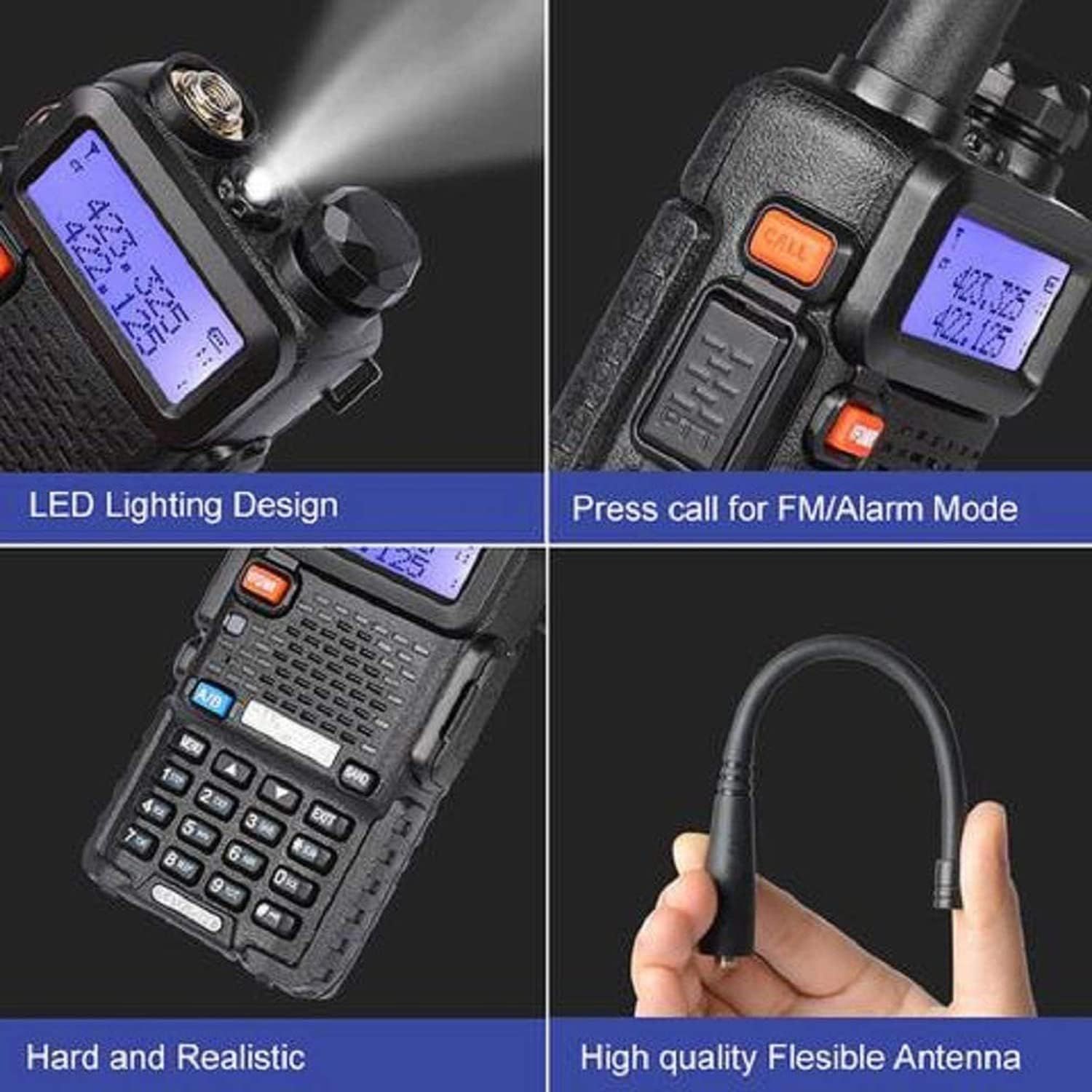 Showcases multiple distinct features of the handheld radio device in a segmented four-panel layout to communicate versatility and functionality to shoppers.