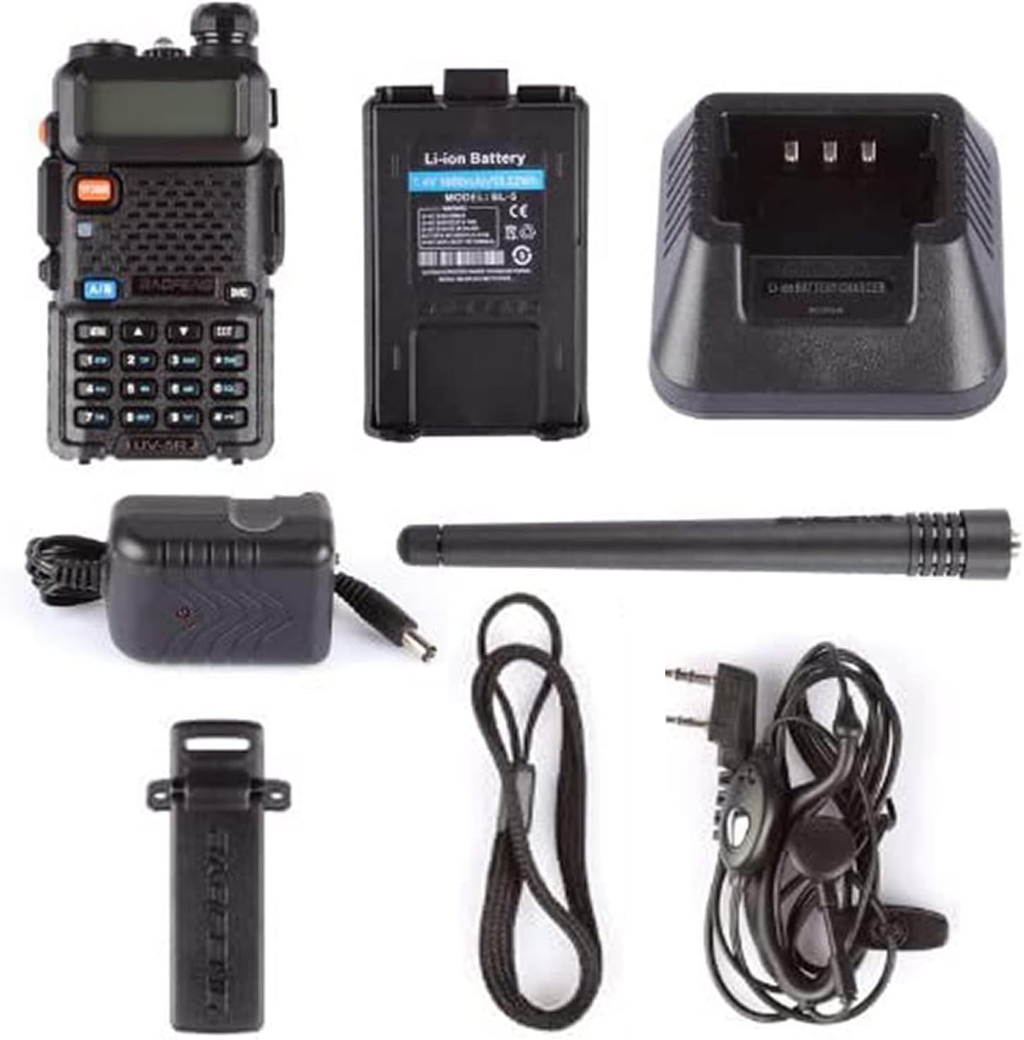 Shows all the components and accessories included with the two-way radio purchase, helping shoppers understand the complete value of the package.