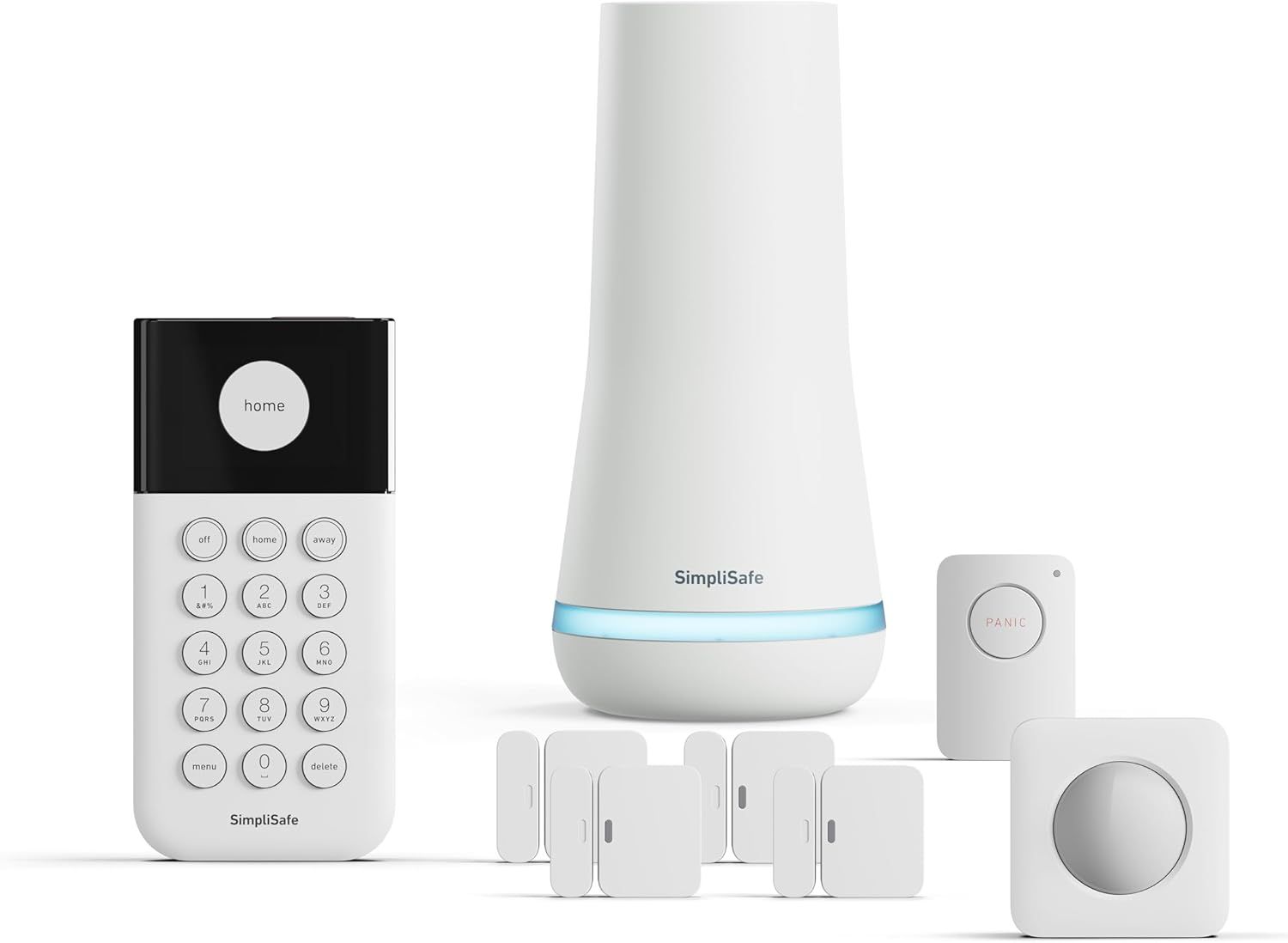 Shows all components included in the SimpliSafe security system package to help shoppers understand the complete bundle they will receive.