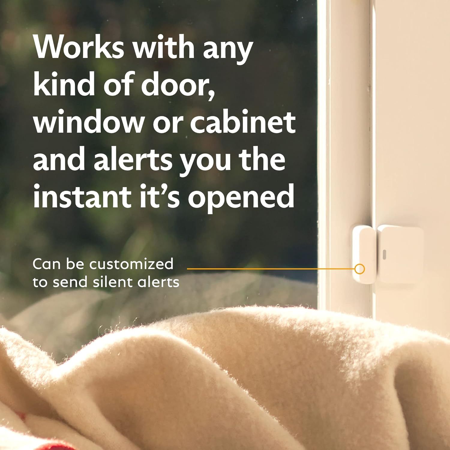 Demonstrates the product's versatility by showing it works with any door, window, or cabinet, reassuring shoppers of broad compatibility and multiple applications. Highlights the core benefit of…