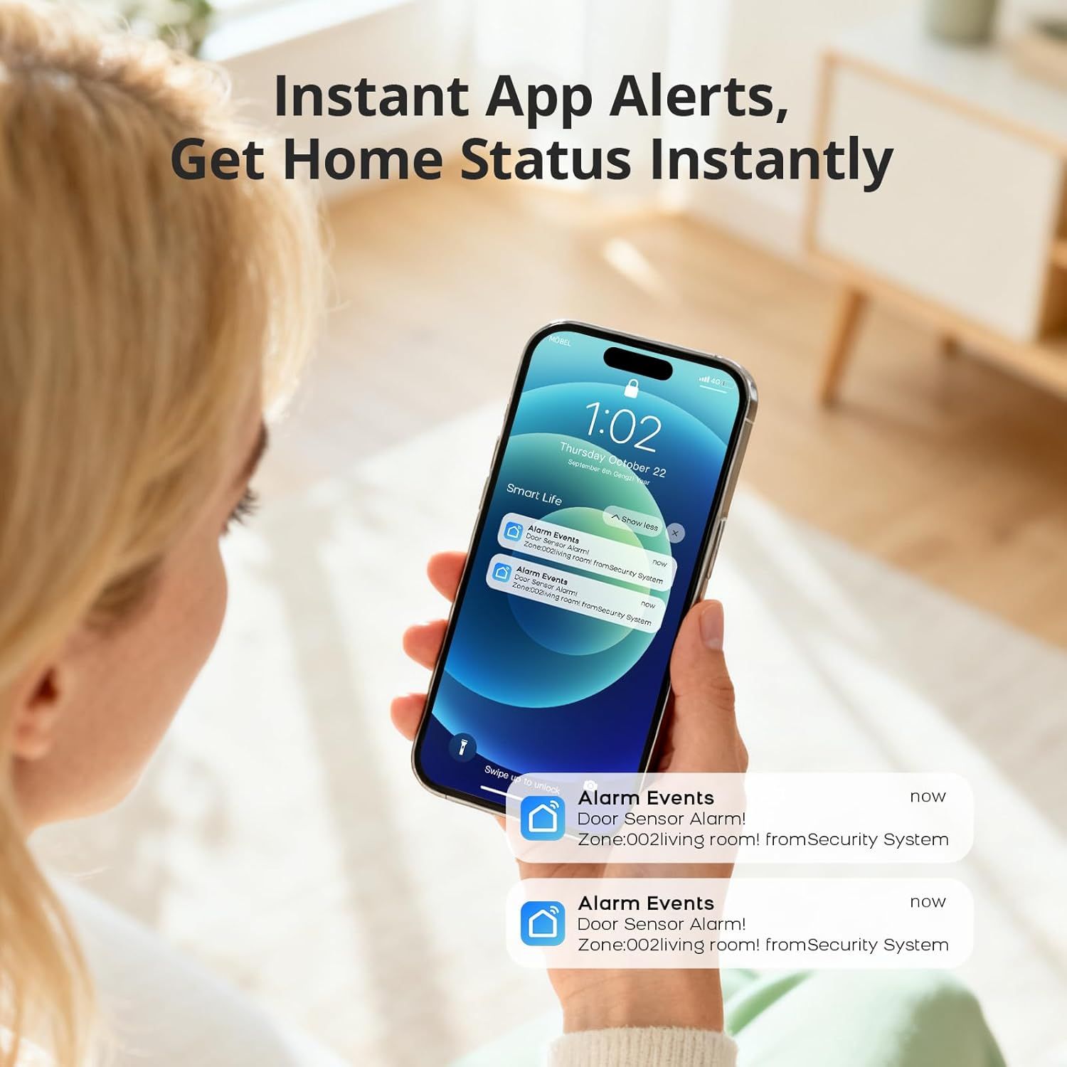 Demonstrates the product's ability to send instant push notifications to the user's smartphone, providing real-time home security status and peace of mind.