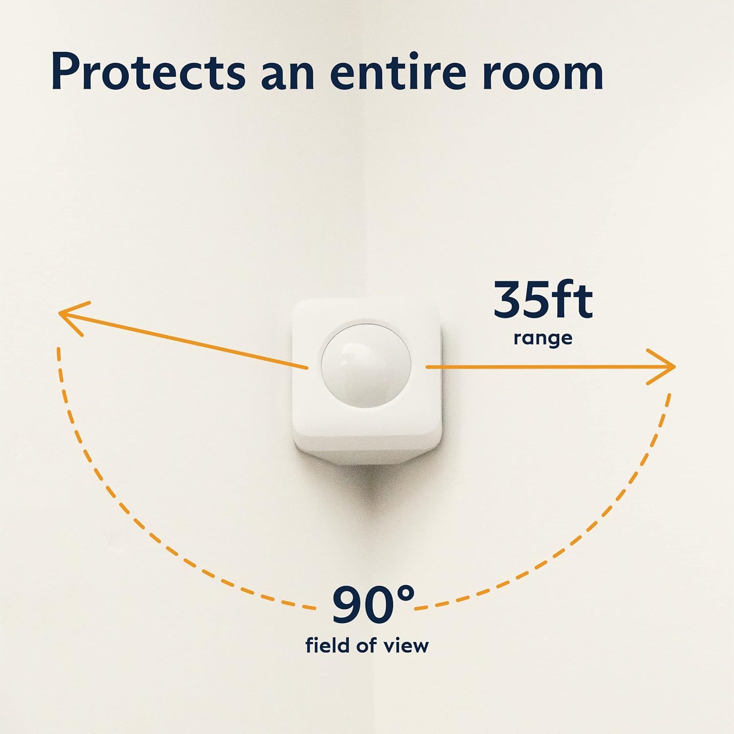 Communicates the product's coverage capabilities with specific performance metrics (35ft range and 90° field of view) to reassure shoppers that it can effectively monitor an entire room. Highlights…