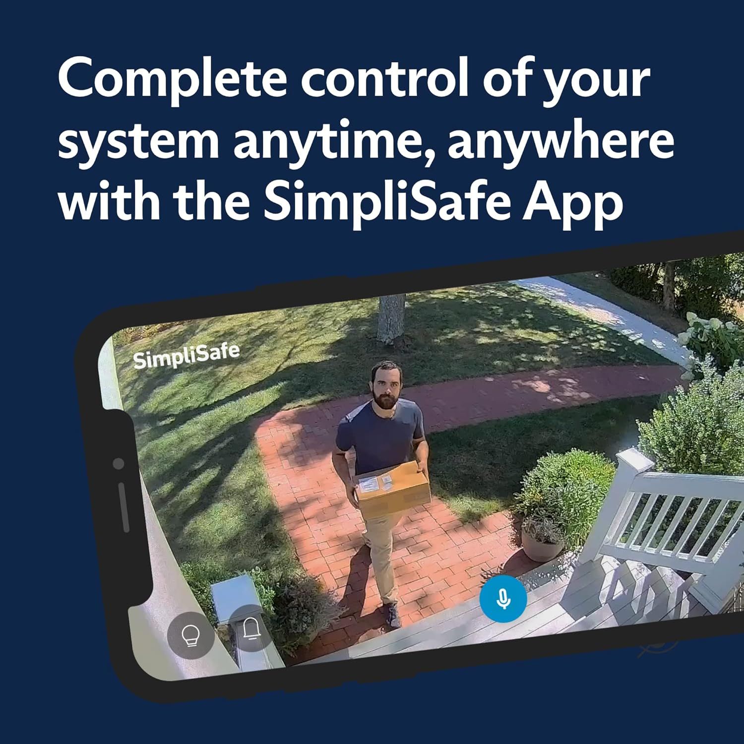 Communicates that the SimpliSafe system can be controlled remotely from anywhere using the mobile app, providing convenience and peace of mind for home security monitoring.