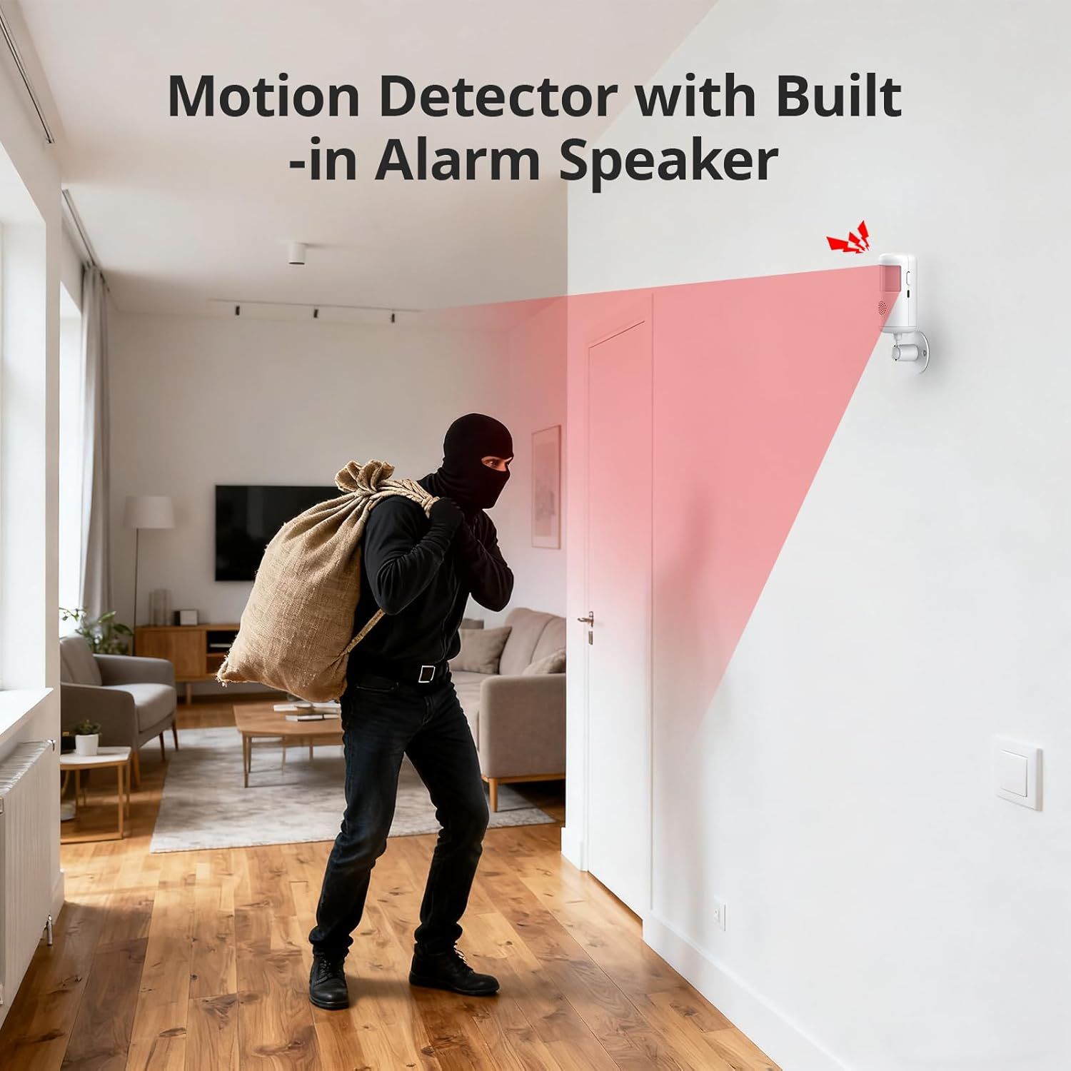 Demonstrates the product's motion detection capability and built-in alarm speaker to reassure shoppers that it provides security by detecting intruders and alerting them with an alarm.