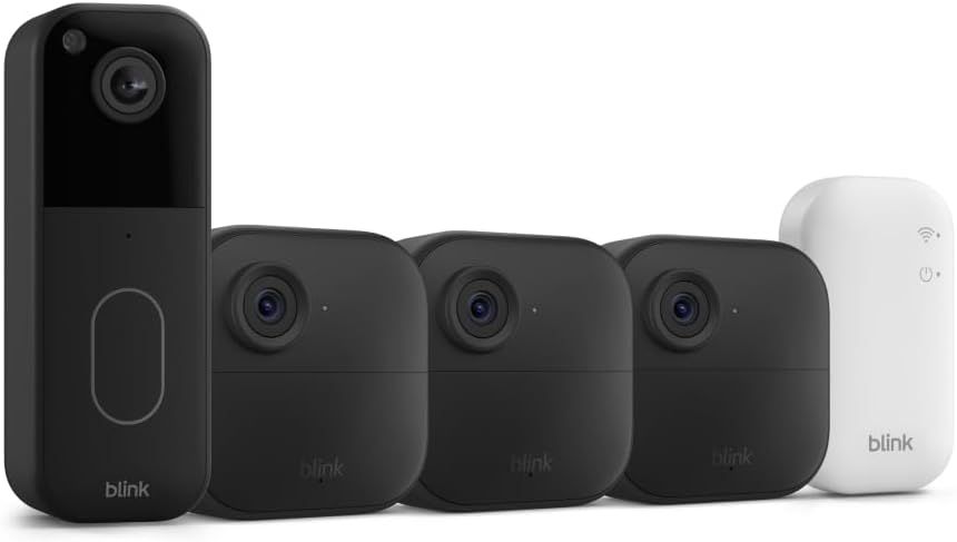 Shows all the components included in the security system package, including the doorbell camera, multiple indoor cameras, and the sync module hub.