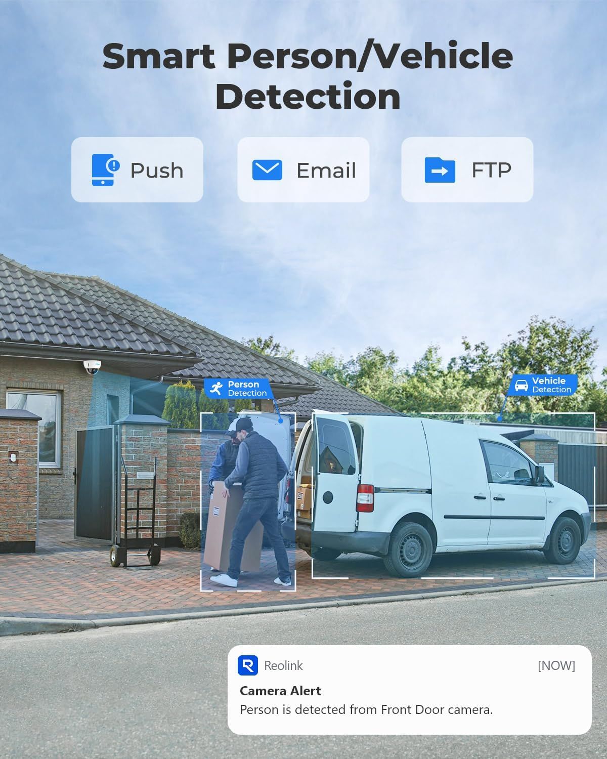 Demonstrates the product's AI-powered detection capability that can identify and alert users when a person or vehicle is detected by the camera, providing security and monitoring reassurance.