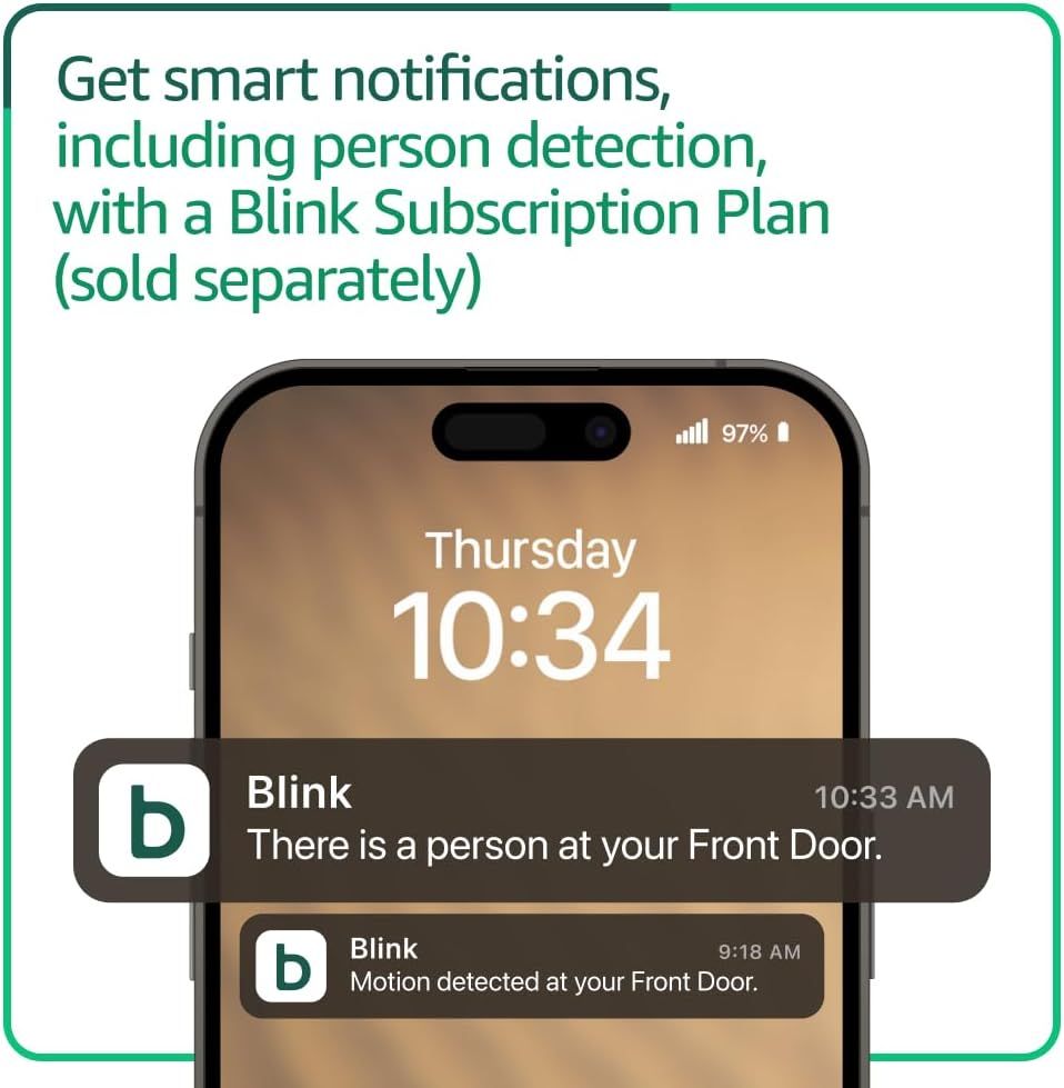 Demonstrates the product's smart notification capability, specifically highlighting person detection alerts sent to a smartphone to reassure shoppers of real-time security monitoring.