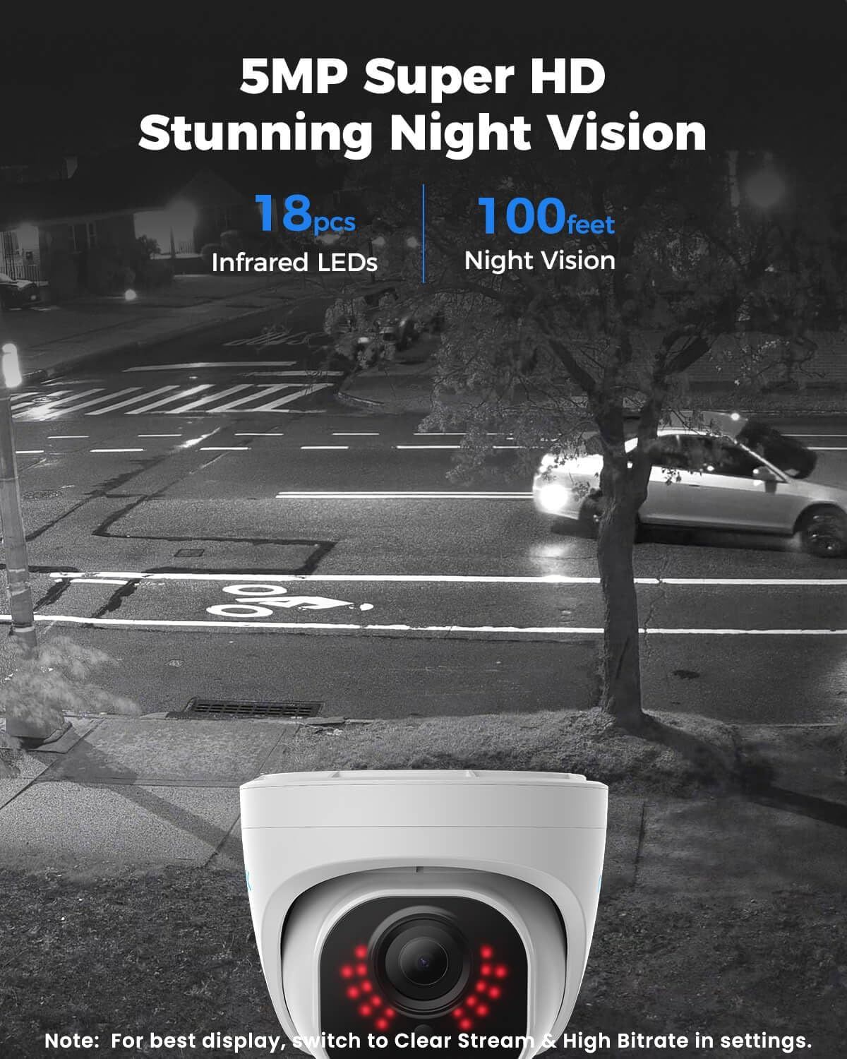 Communicates the camera's high-resolution image quality and superior night vision capabilities through quantifiable performance specifications to reassure shoppers of its effectiveness in low-light…