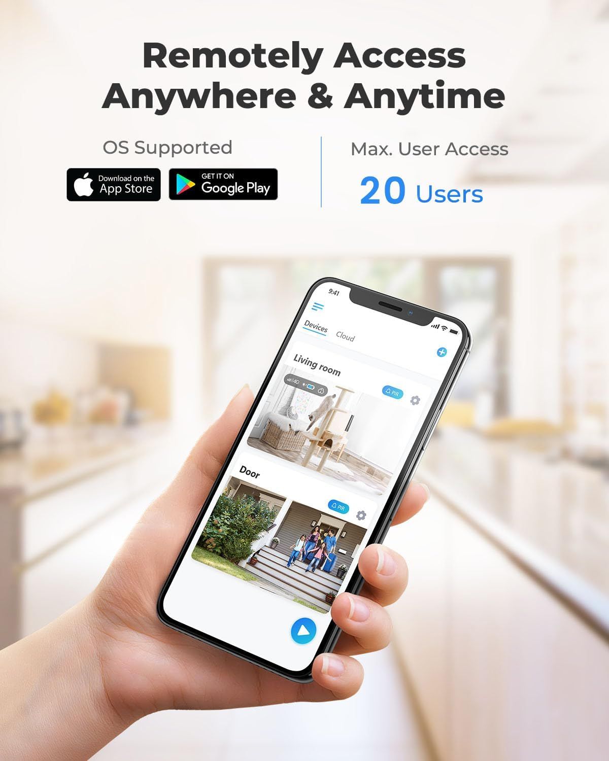 Communicates that the product enables remote monitoring and control from anywhere at any time, with support for up to 20 users, reassuring shoppers about accessibility and convenience. Shows that…