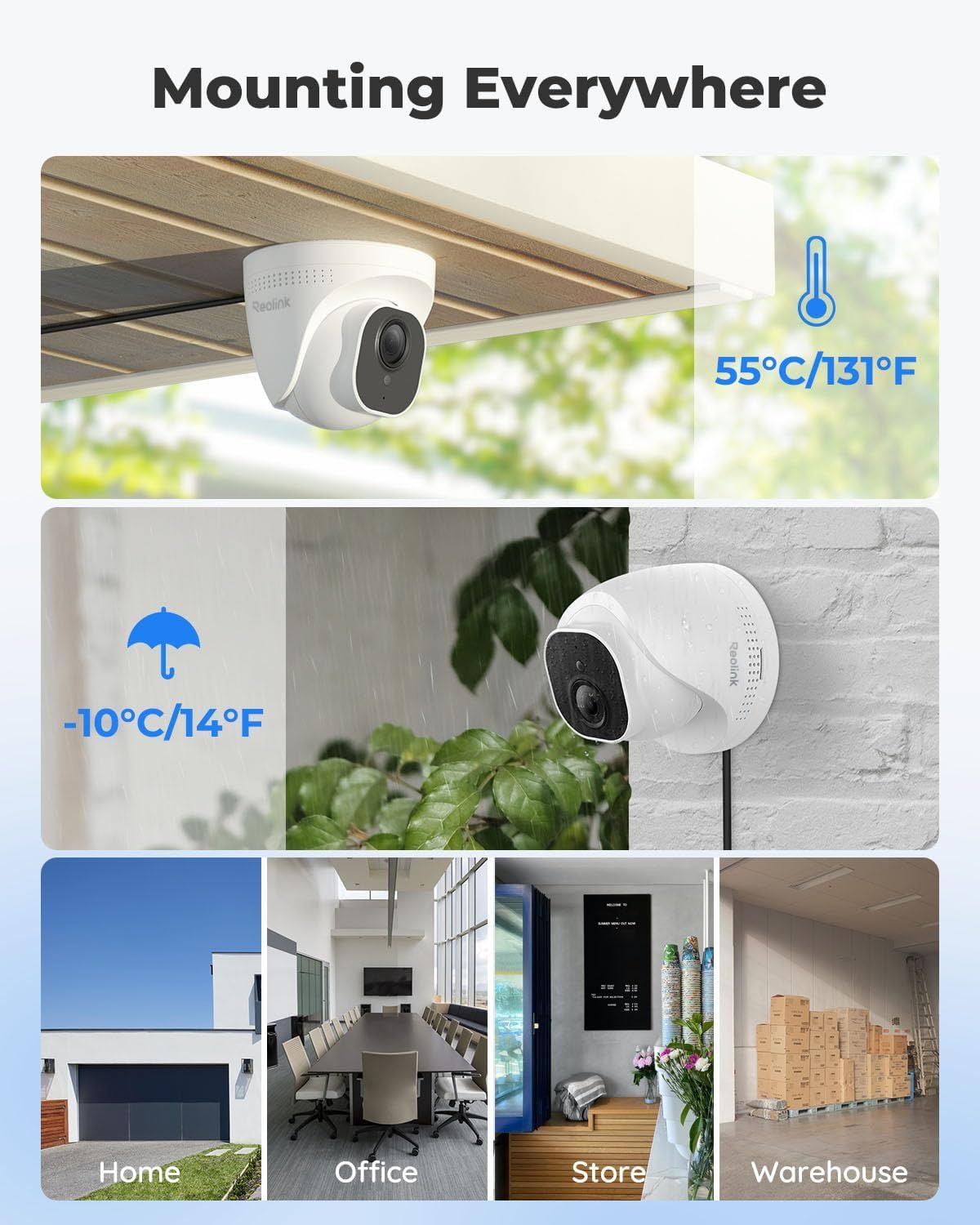Demonstrates the security camera can be mounted in multiple environments (ceiling, wall, indoor, outdoor) and withstand extreme temperatures from -10°C to 55°C, reassuring shoppers of its…