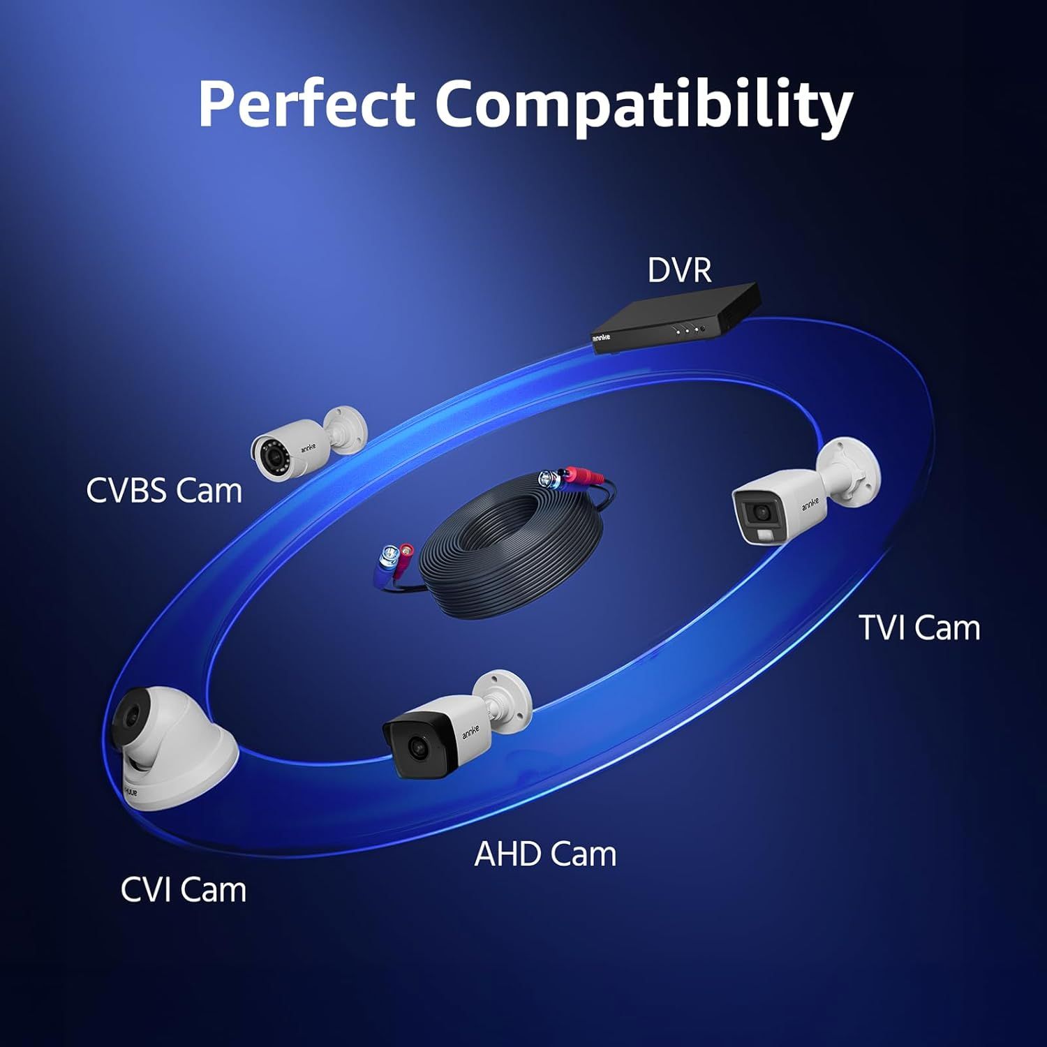 Demonstrates that the cable/DVR system is compatible with multiple camera types and formats, reassuring shoppers of its versatility and broad device support.
