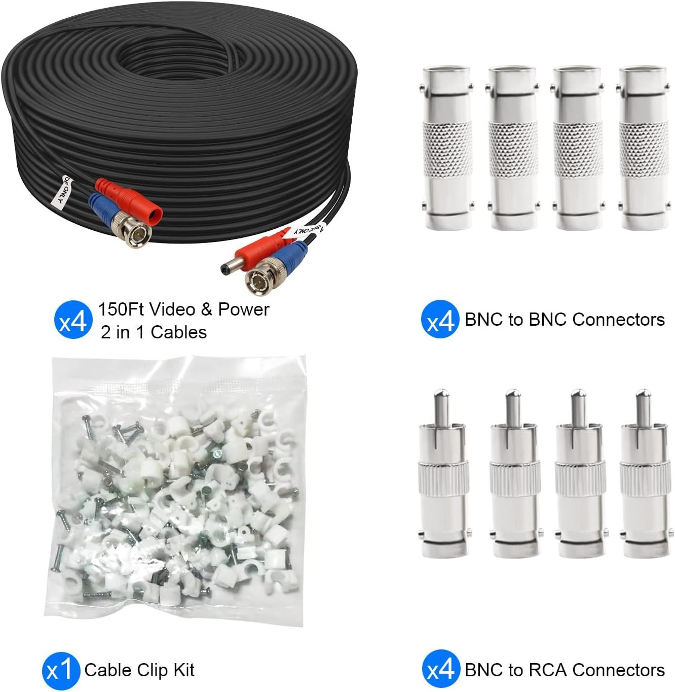 Shows all the components included in the purchase—cables, BNC connectors, RCA connectors, and cable clips—to reassure shoppers they're getting a complete installation kit.