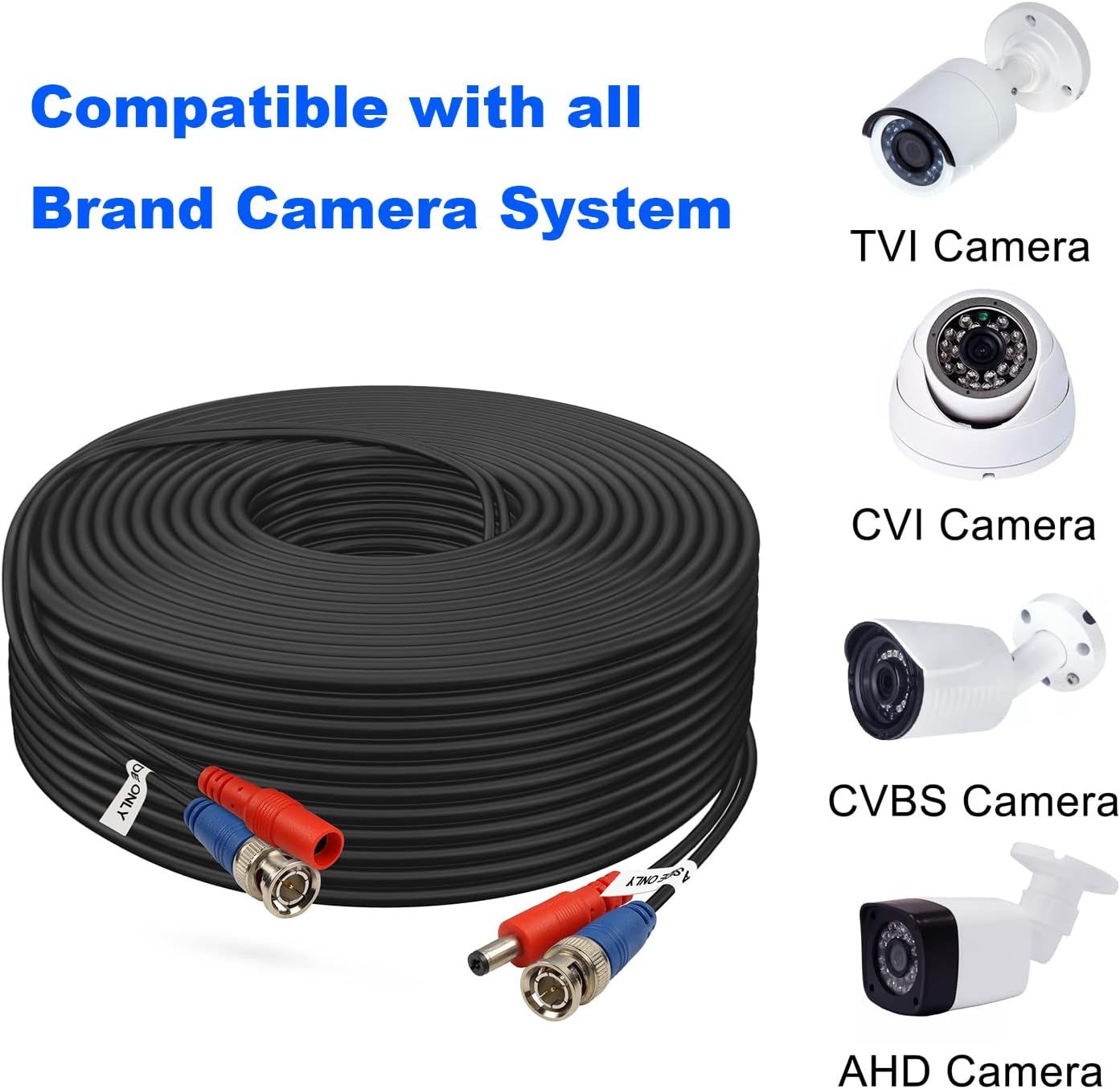 Demonstrates that the cable is compatible with multiple camera system types (TVI, CVI, CVBS, AHD), reassuring shoppers of its versatility and broad applicability.