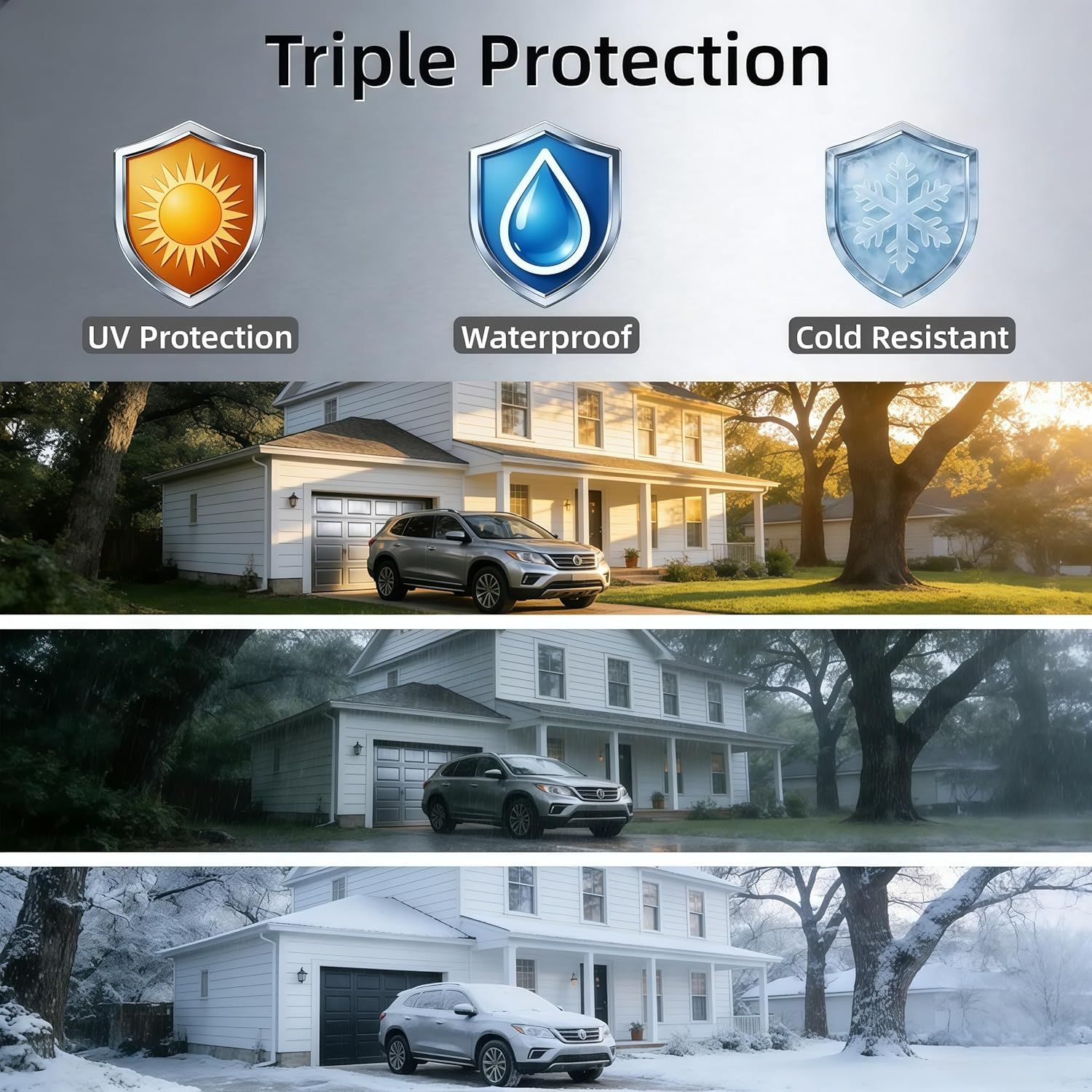 Communicates that the product (likely a car cover or protective coating) offers three distinct protective benefits: UV protection, waterproofing, and cold resistance, demonstrating its all-weather…