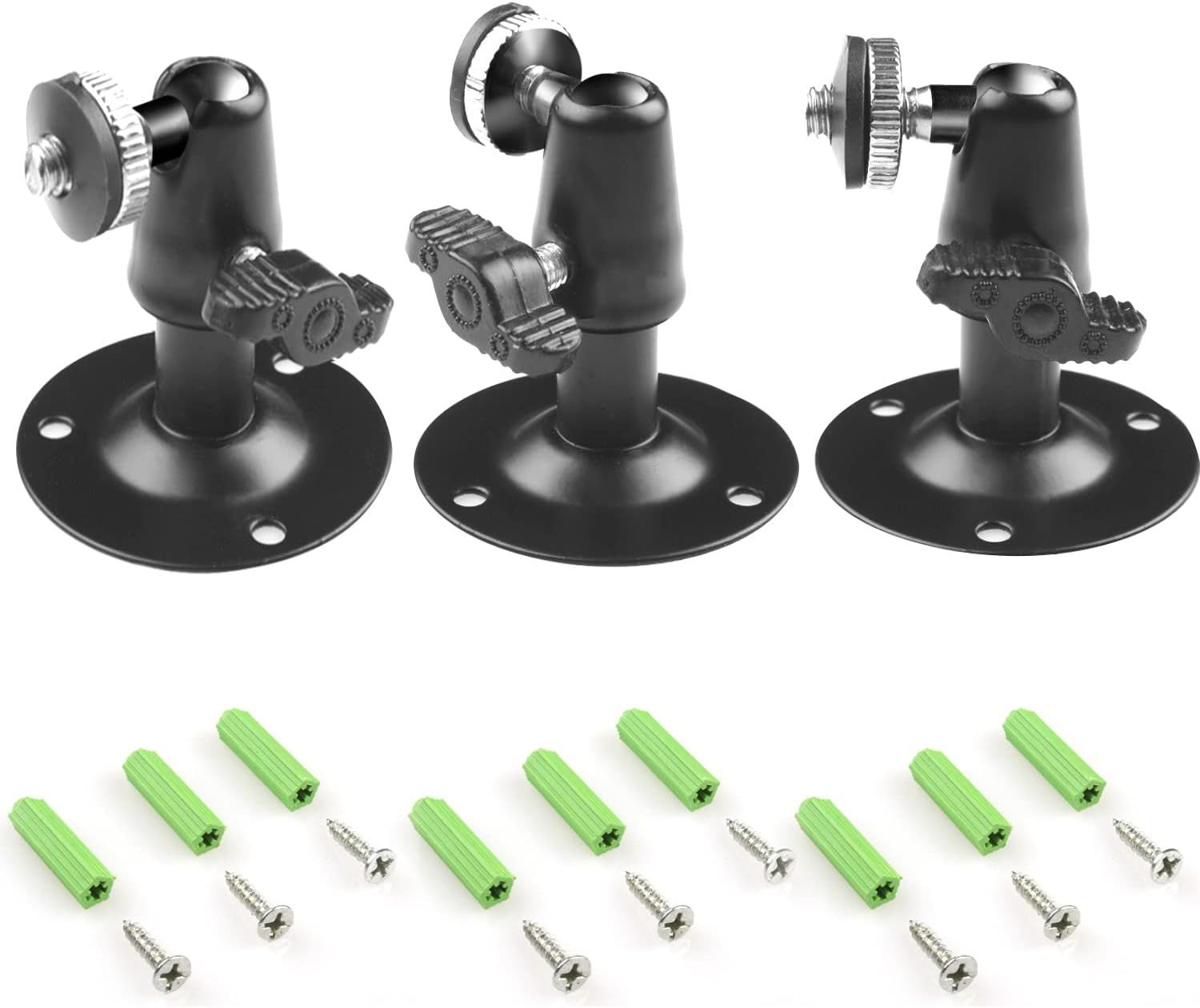 Shows the customer everything included in the package: three adjustable ball-head mounts with mounting plates and all necessary screws and anchors for installation.
