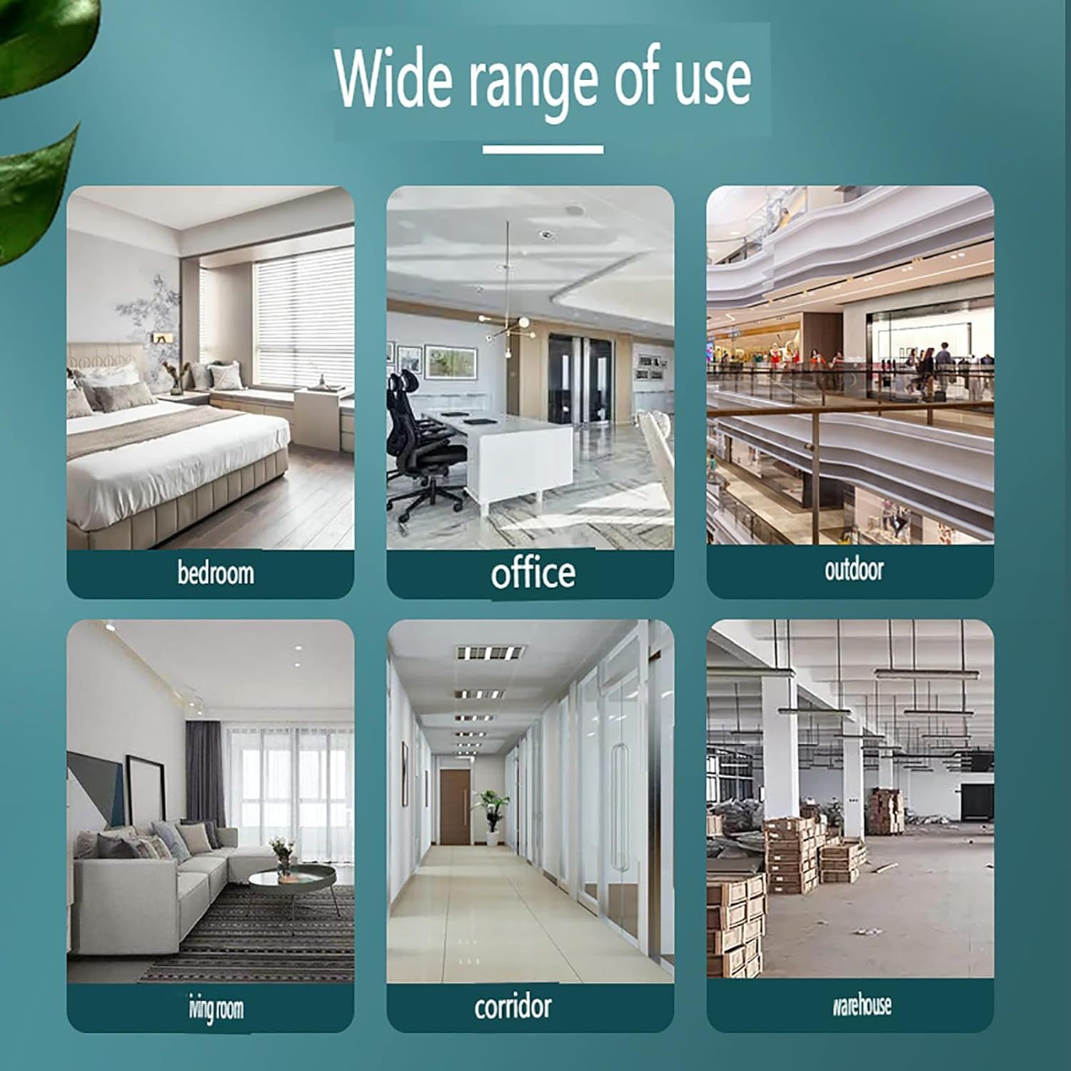 Demonstrates the product's versatility by showing it can be used effectively in six different environments: bedroom, office, outdoor/commercial spaces, living room, corridor, and warehouse settings.