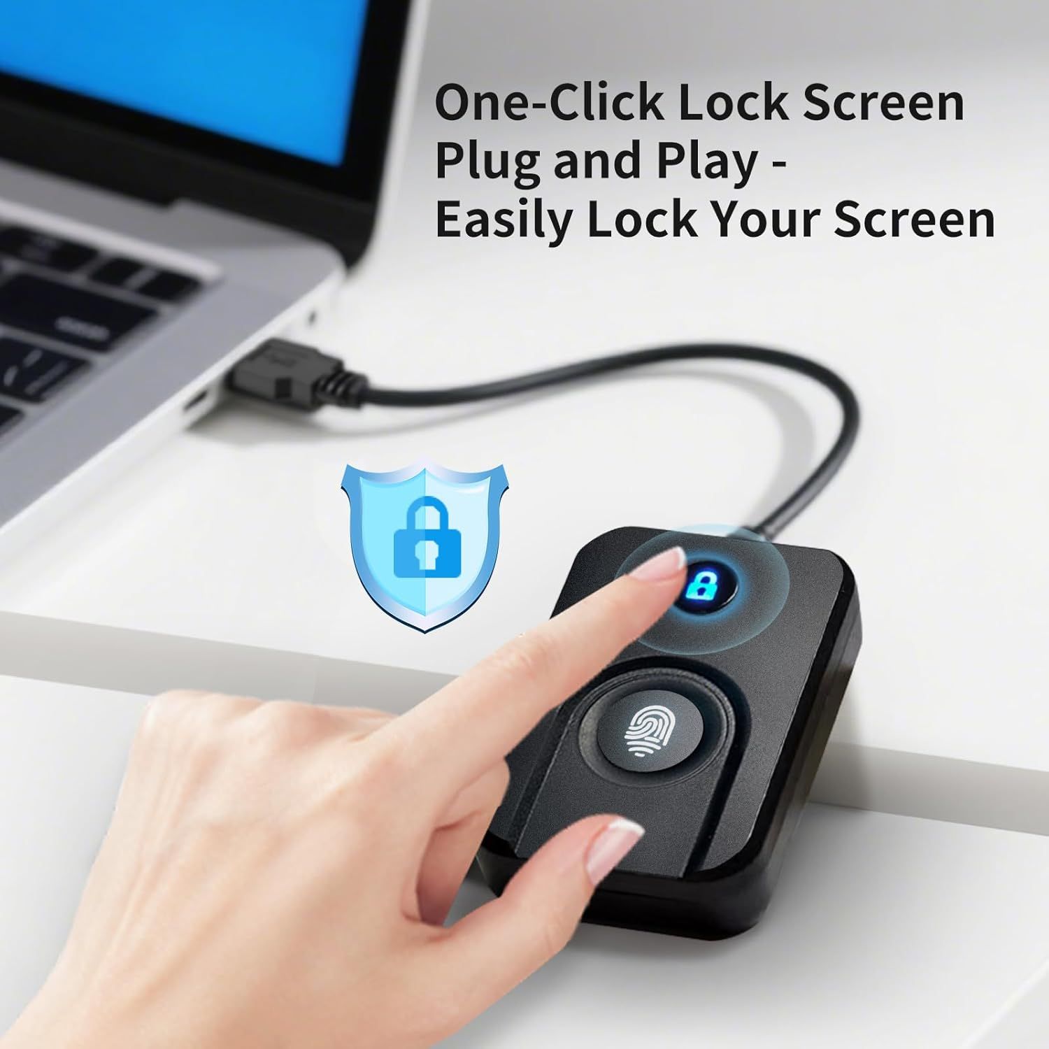 Communicates the product's ease of use and convenience, showing that users can quickly lock their screen with a single click using a plug-and-play fingerprint device.