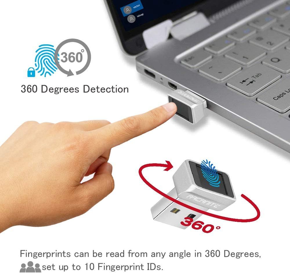 Highlights the fingerprint scanner's ability to read fingerprints from any angle (360 degrees) and store up to 10 fingerprint IDs, emphasizing convenience and security for the user.